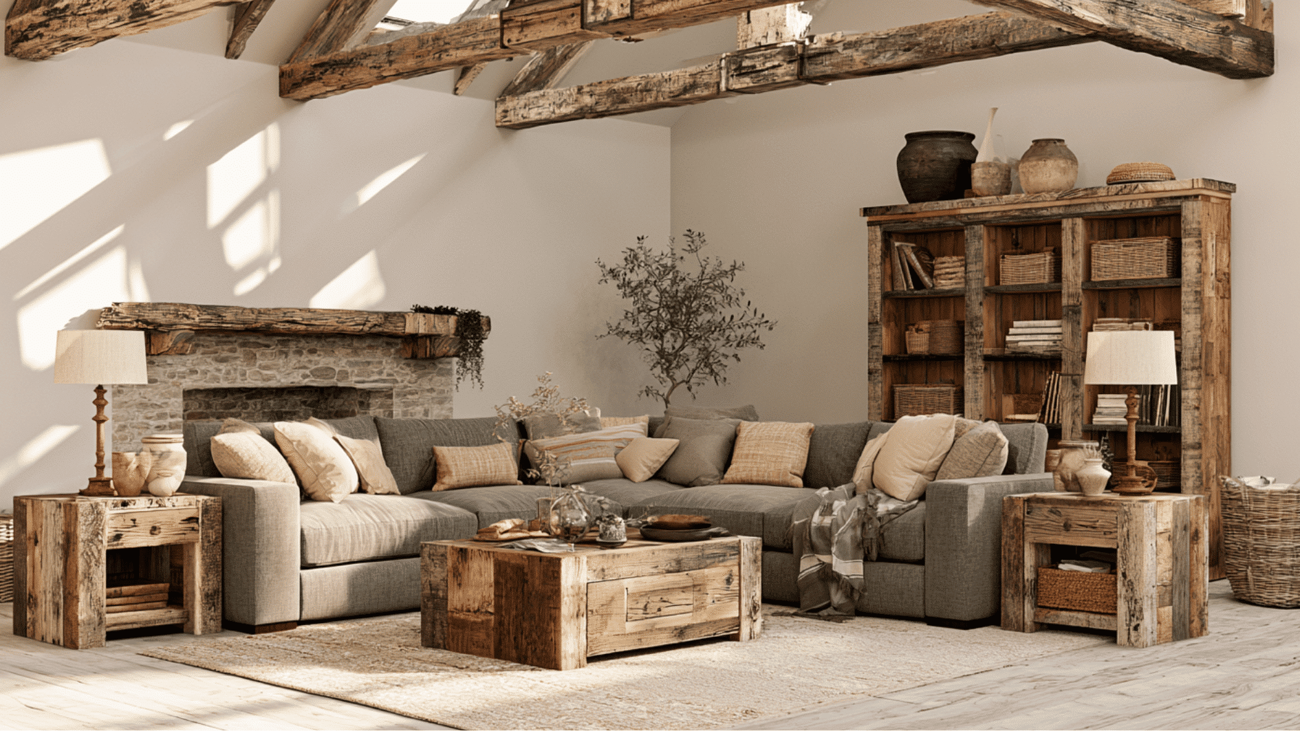 cozy rustic living room with exposed beams, stone fireplace, vintage decor, warm light and charm.