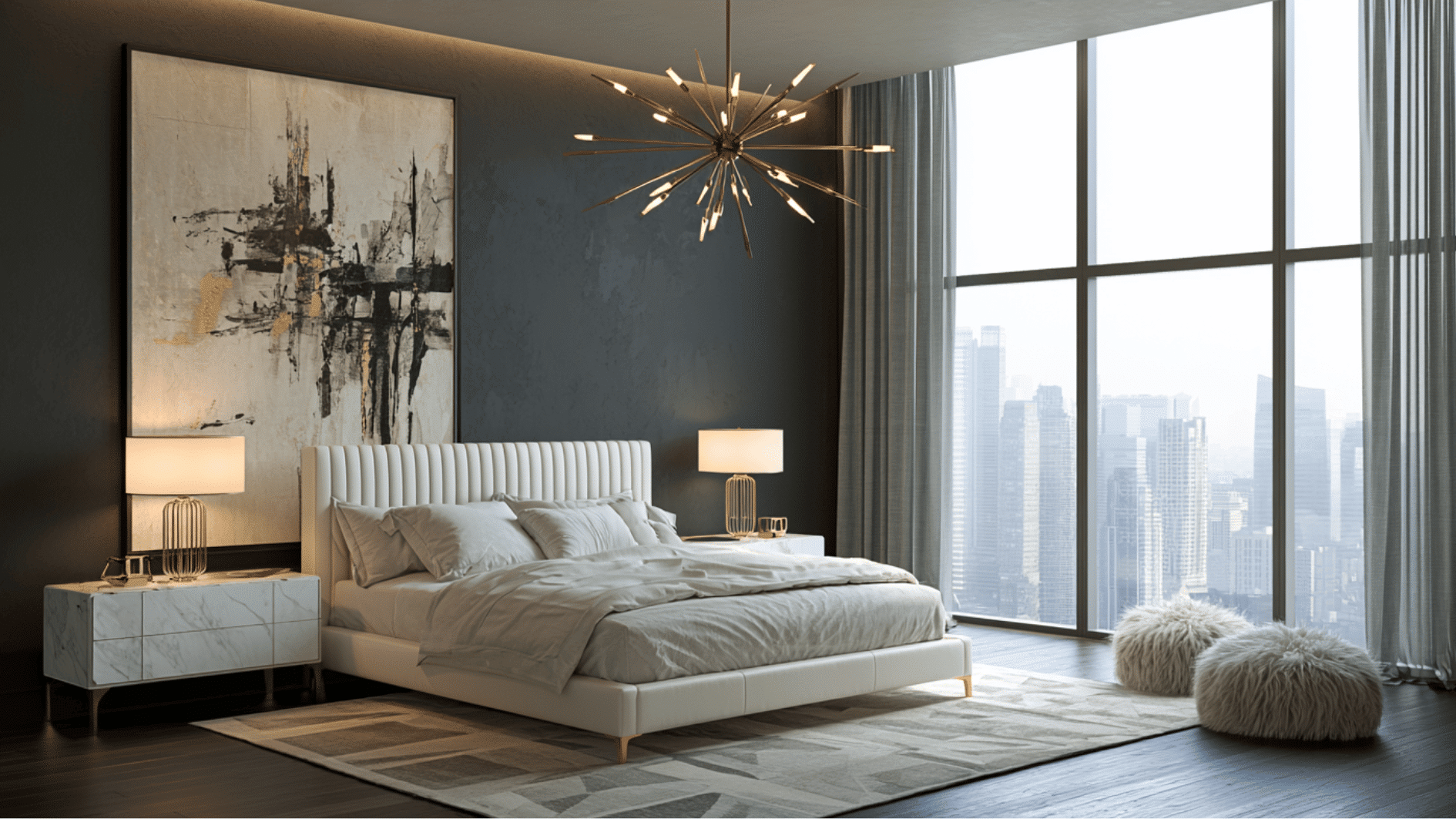 modern luxury bedroom with upholstered bed, brass chandelier, and floor-to-ceiling city view windows