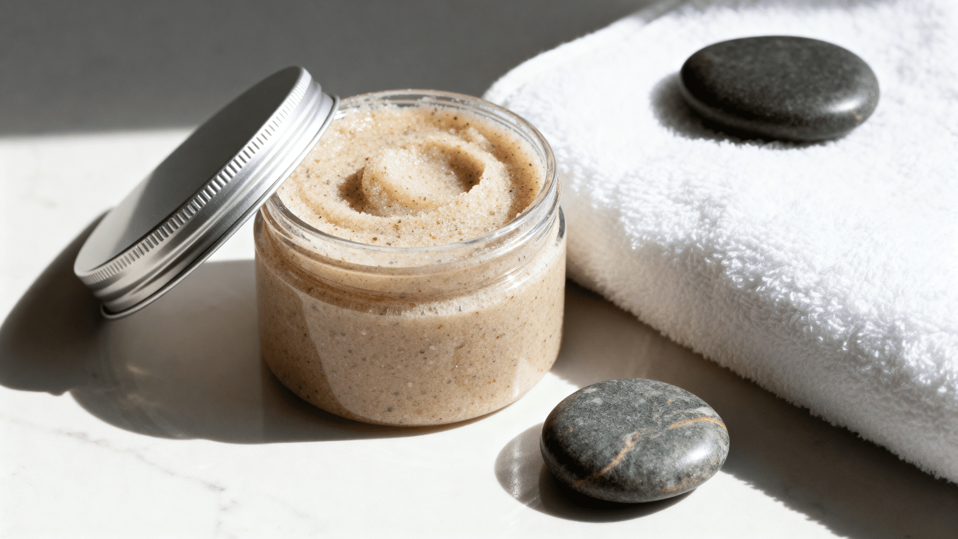 Exfoliating scrub jar with natural skincare items arranged on a clean countertop to show gentle skin exfoliation