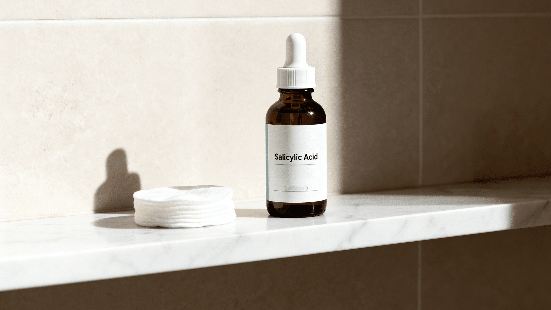 bha exfoliant bottle with cotton pads on a bathroom counter in a simple skincare arrangement.