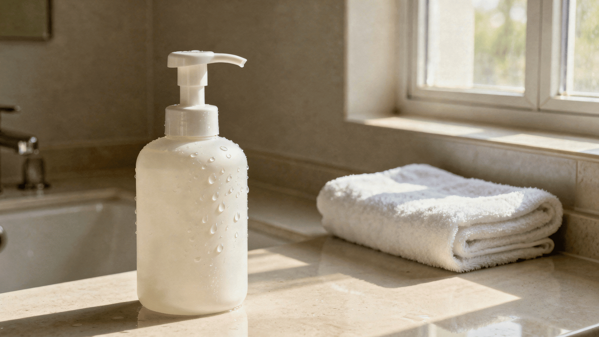 gentle foaming facial cleanser bottle on a bathroom counter with soft foam and a folded towel in natural light