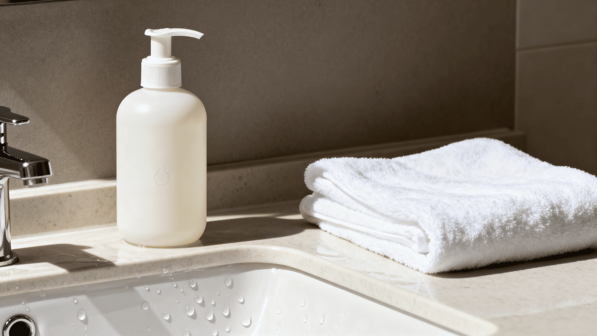 Gentle facial cleanser and soft towel placed beside a bathroom sink, representing a simple daily cleansing routine