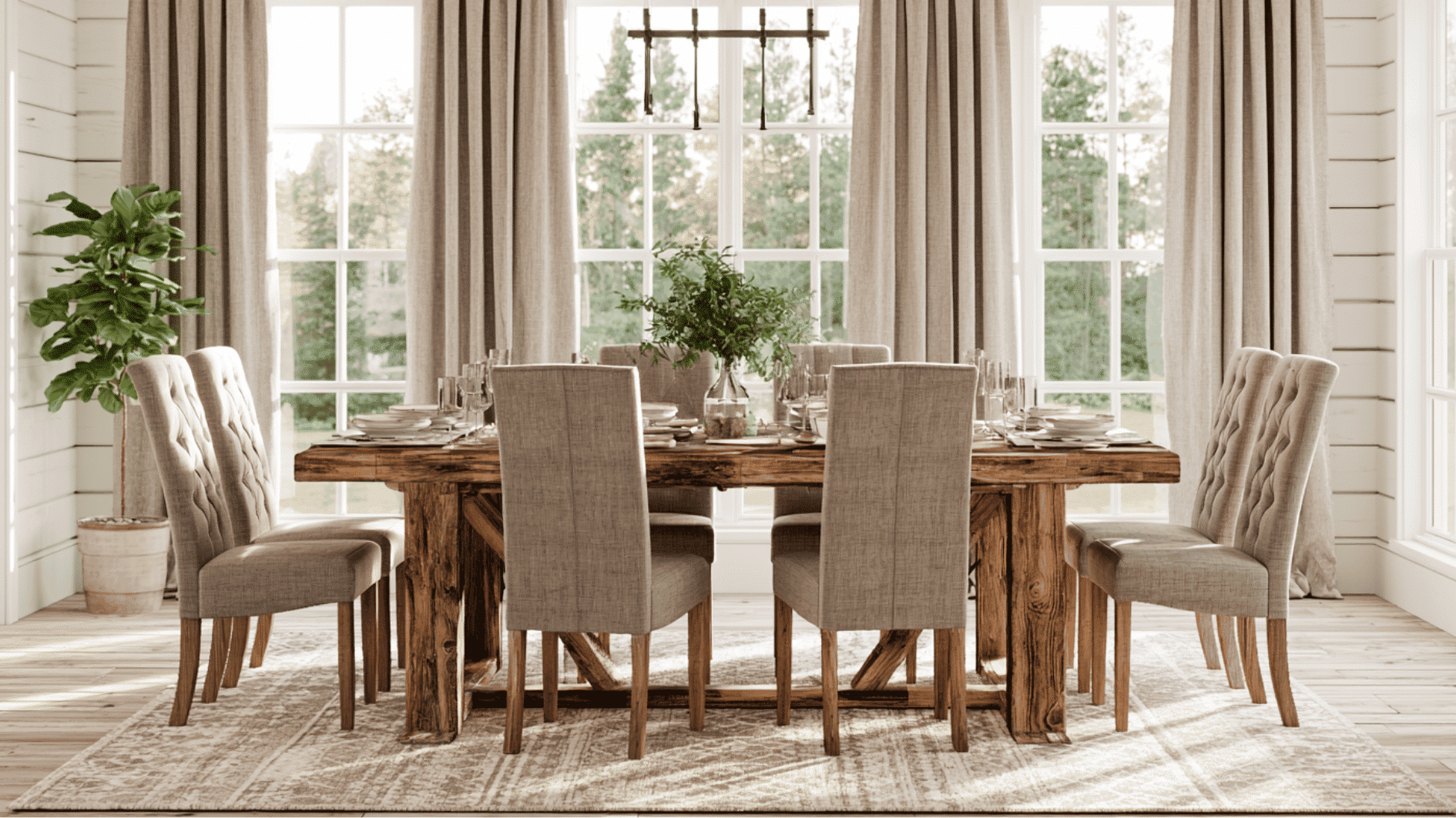 farmhouse dining room with rustic trestle table, natural wood finish, and inviting family seating area