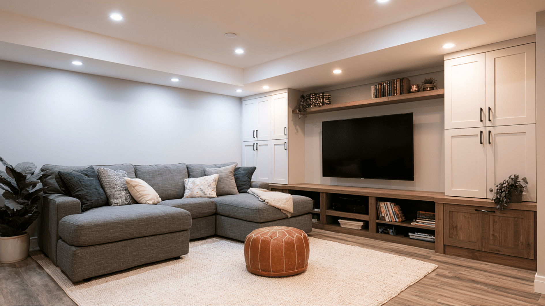 finished basement converted into a functional family room with storage and comfortable seating