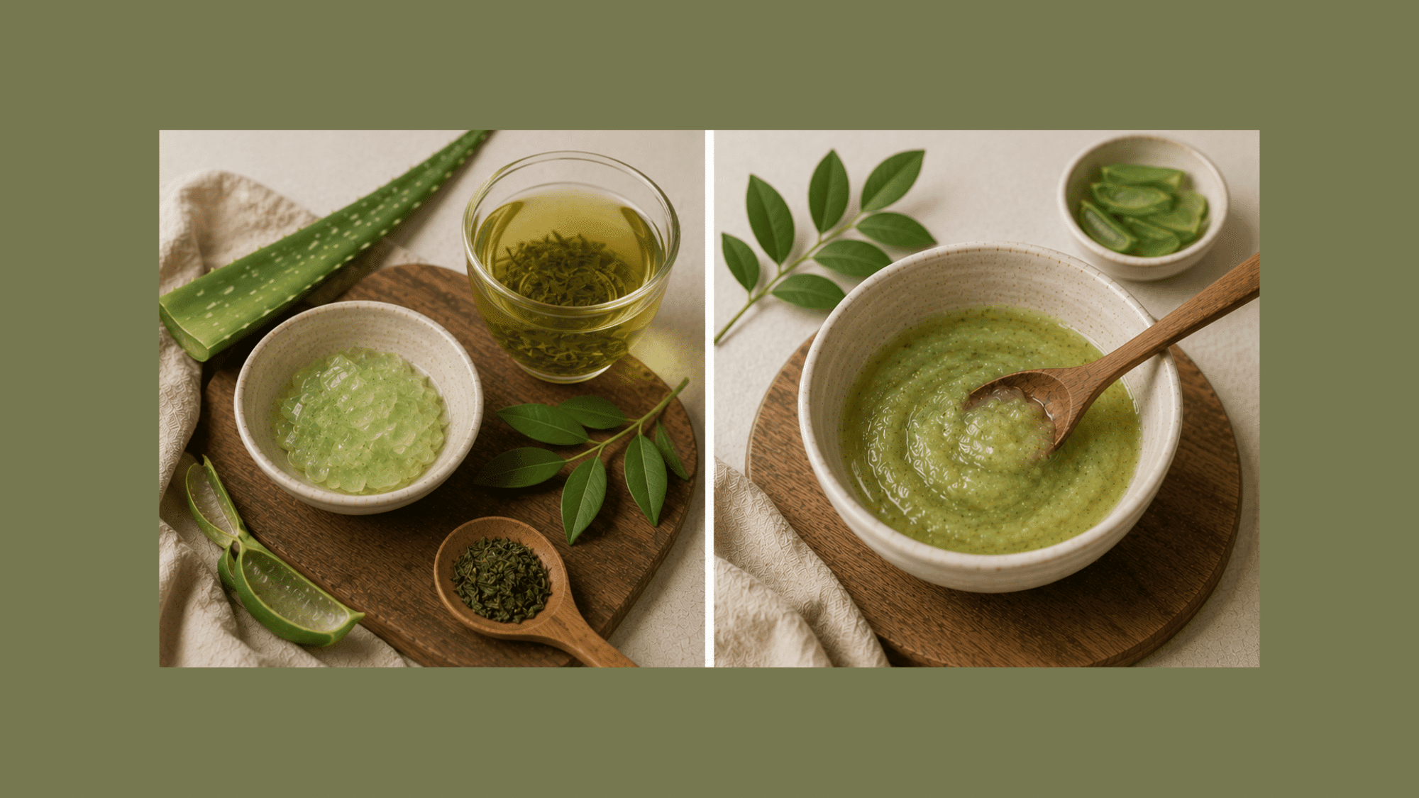 a collage of a homemade hairmask made of green tea and aloe vera