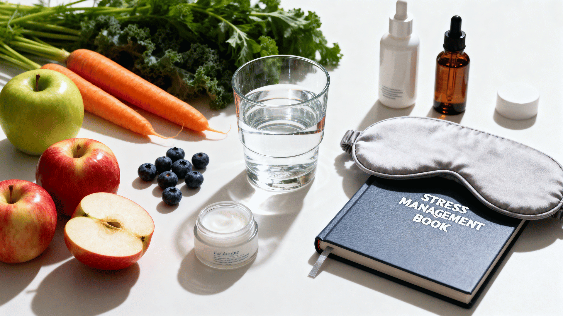 Glass of water, fresh fruits, vegetables, and a sleep mask arranged neatly to represent healthy habits that support smooth skin.