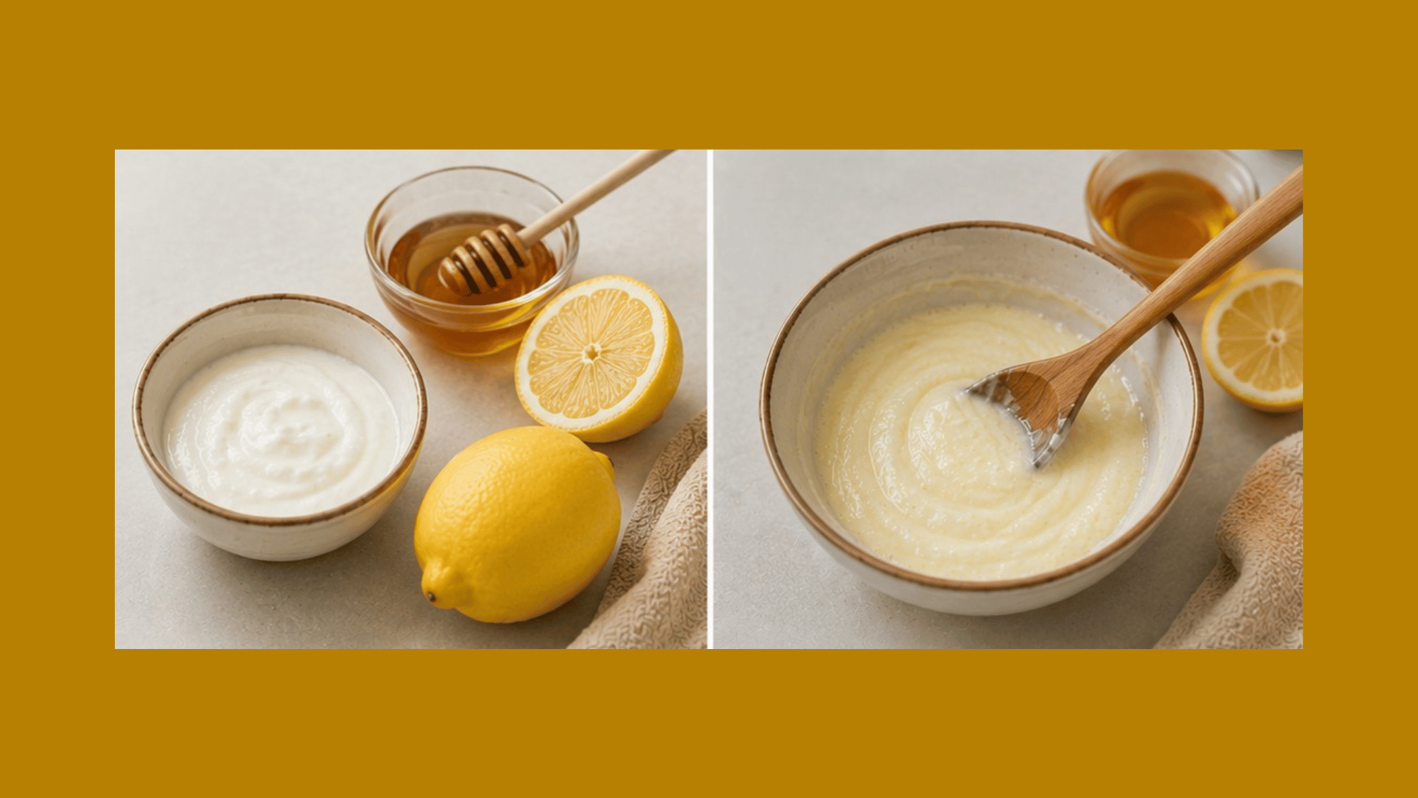 a collage of a homemade hairmask made of lemon yogurt and honey