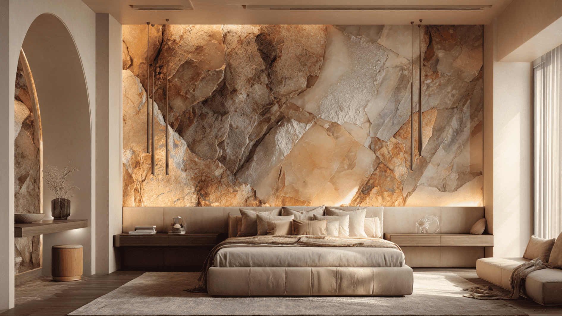 natural stone accent wall in a luxury bedroom with warm lighting and modern minimalist decor