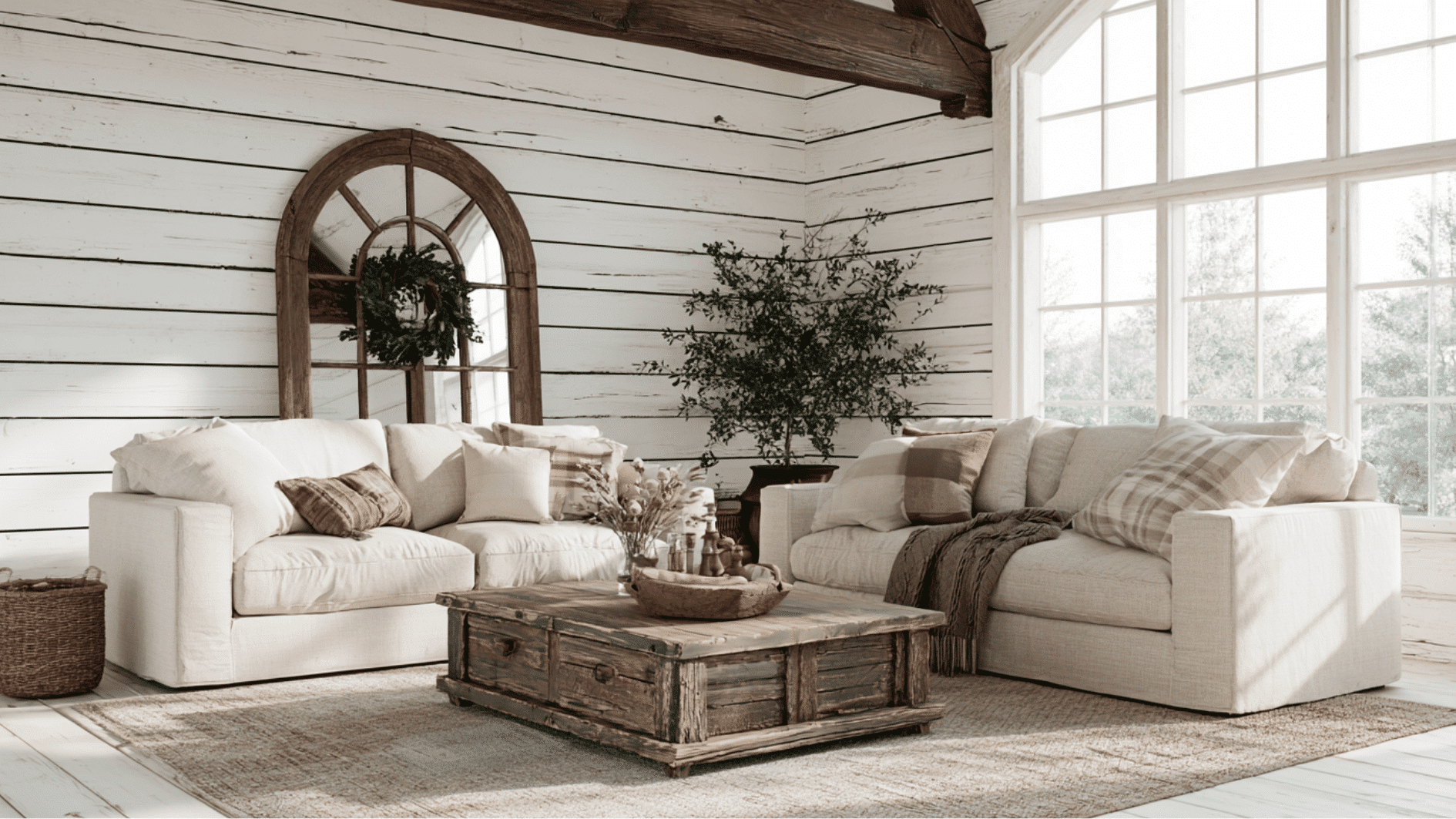 white shiplap walls creating texture and timeless charm in a cozy rustic farmhouse living room interior