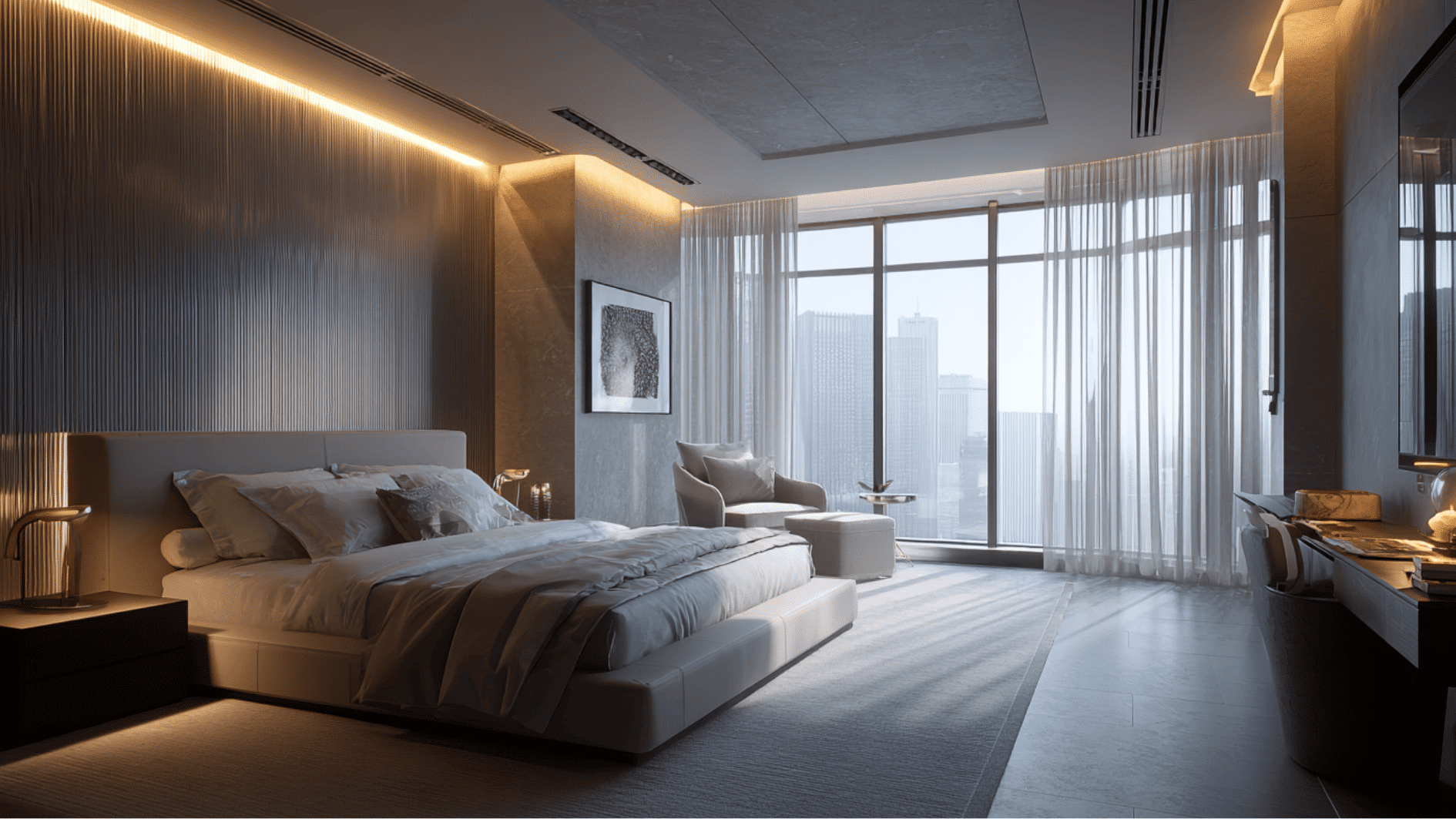 smart luxury bedroom with automated blinds and intelligent lighting controls