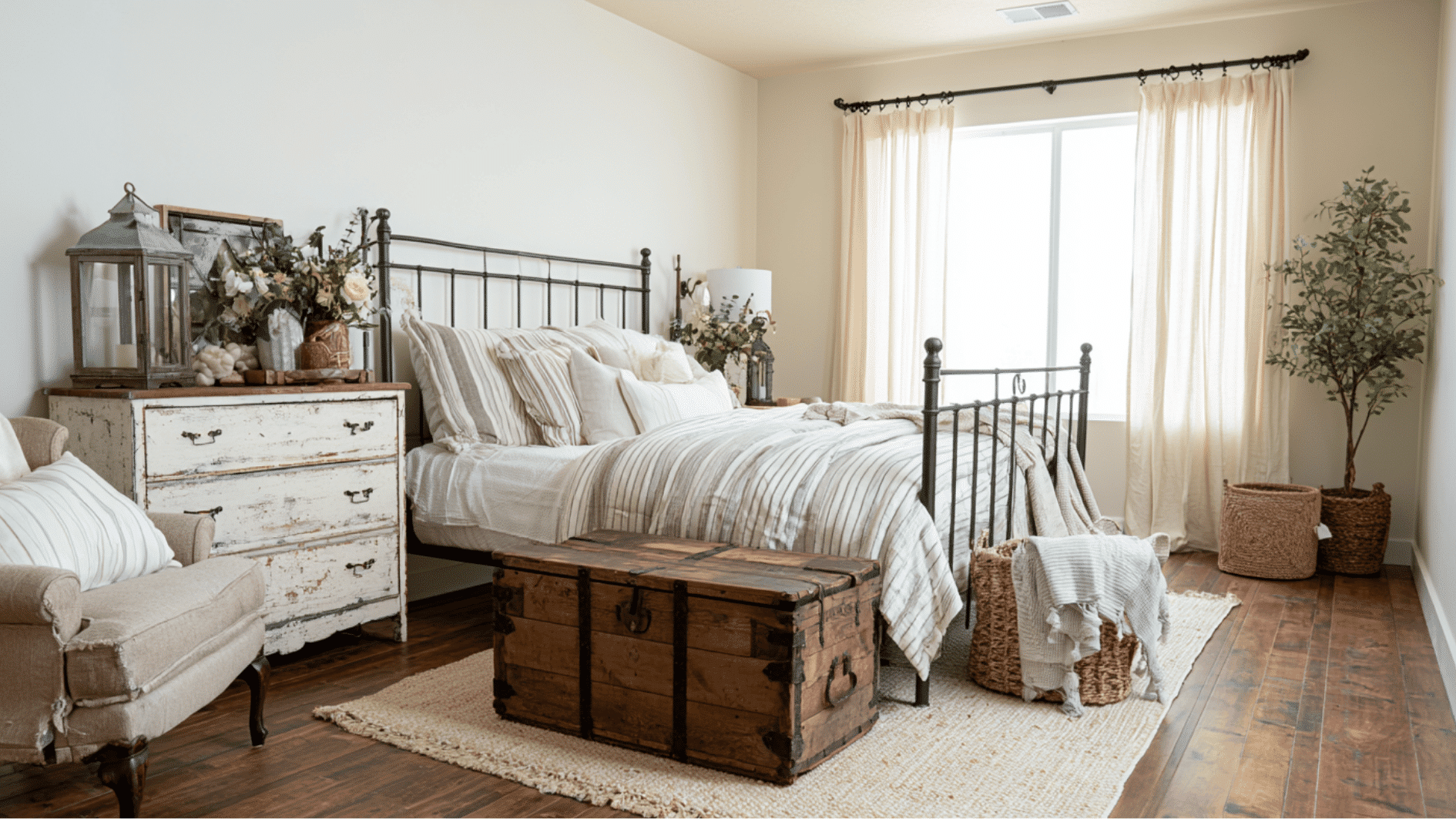 farmhouse bedroom with vintage furniture, antique wood finishes, and charming rustic storage pieces