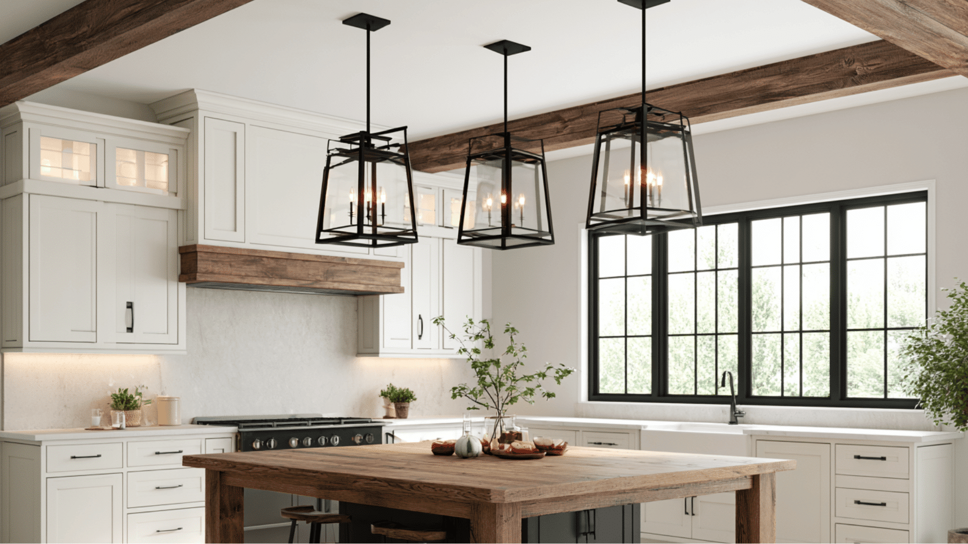 farmhouse kitchen with vintage-inspired pendant lighting and black metal fixture details throughout