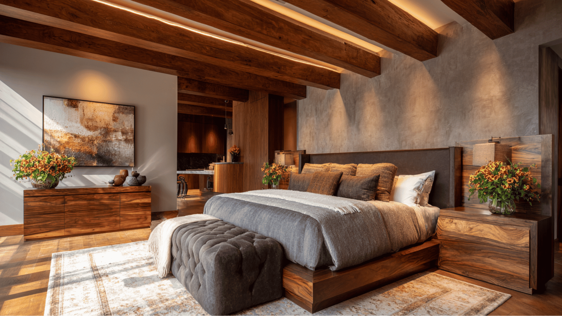 luxury bedroom with warm wood elements and elegant natural textures throughout