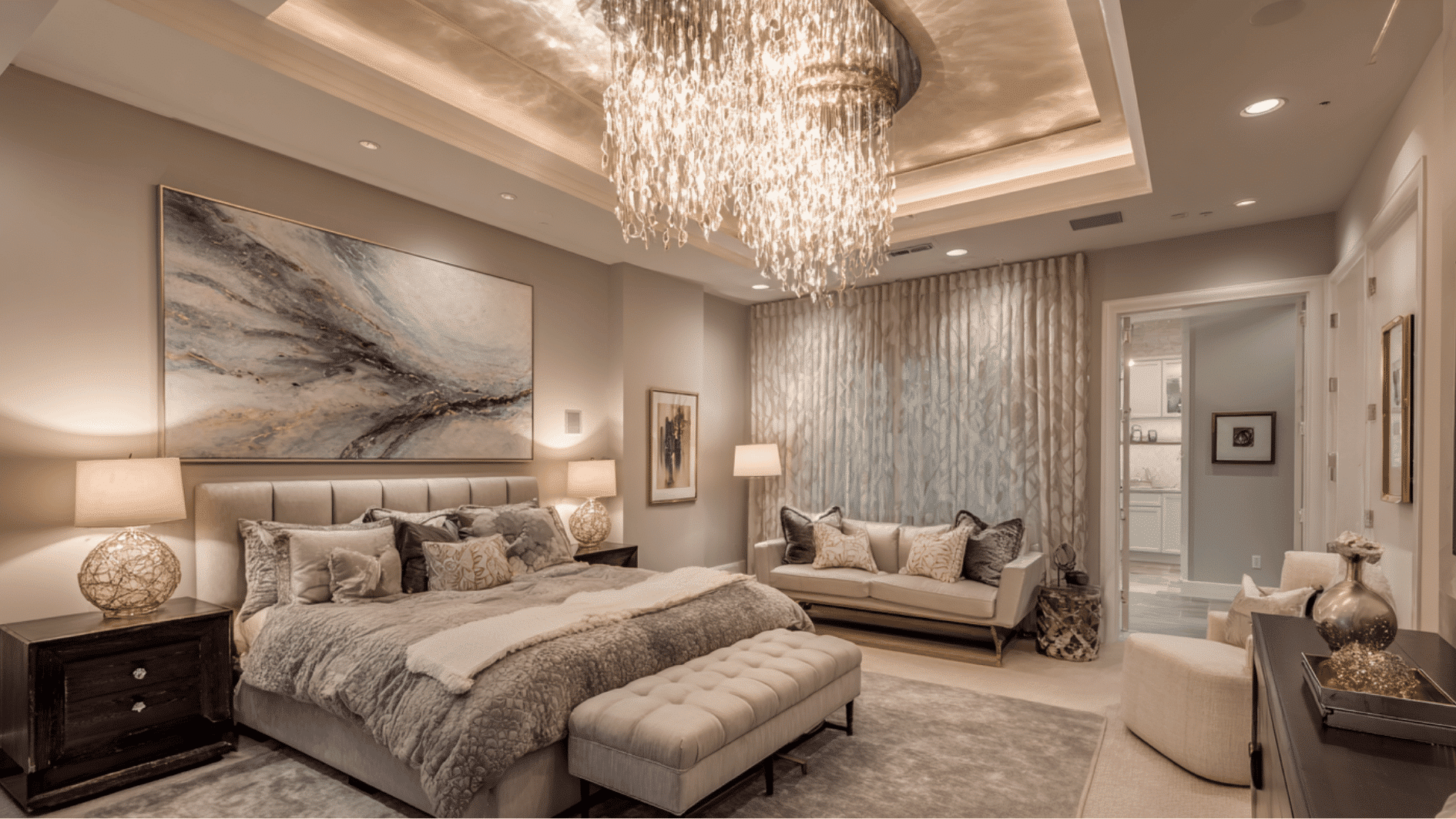 luxury bedroom illuminated by a crystal chandelier and elegant statement lighting