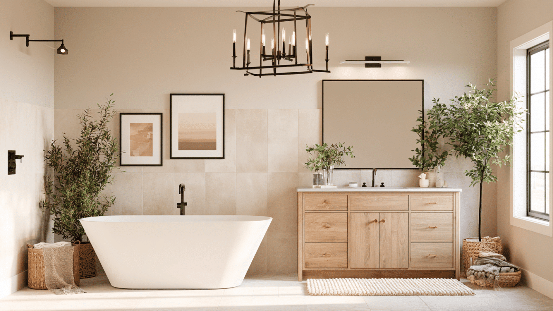 farmhouse bathroom with a freestanding tub, natural materials, and a relaxing spa-inspired design