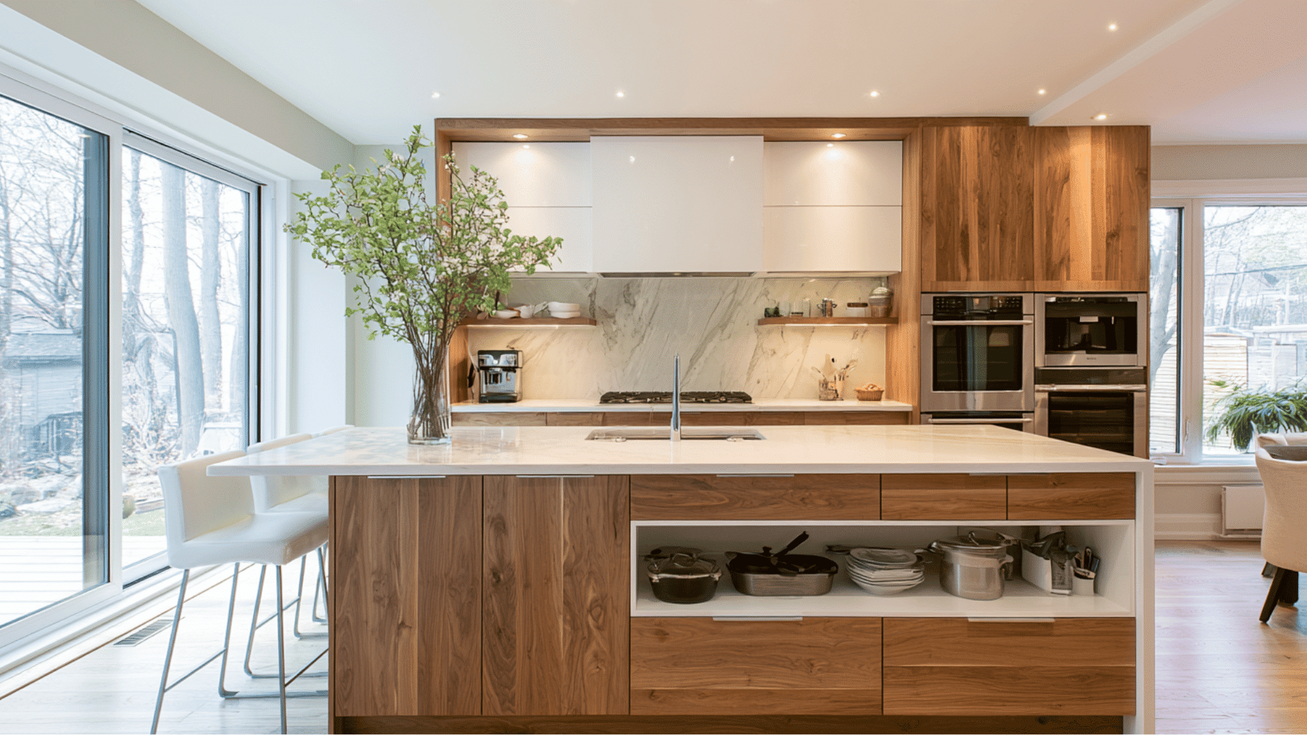 modern kitchen island with built-in storage and seating for added workspace and organization