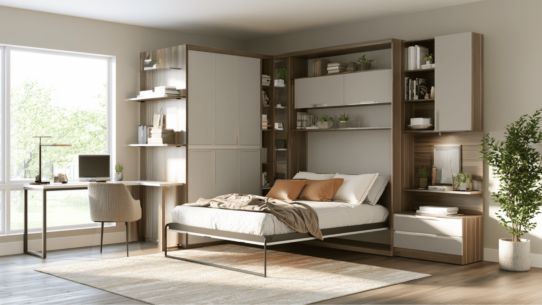 murphy bed integrated into a wall unit to maximize floor space in a multi-purpose room