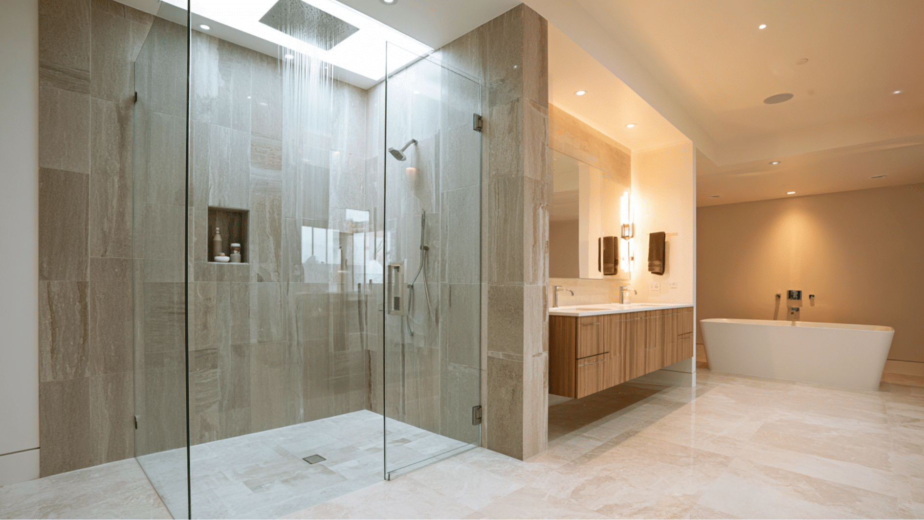 walk-in shower with frameless glass enclosure creating a spacious and modern bathroom retreat at home