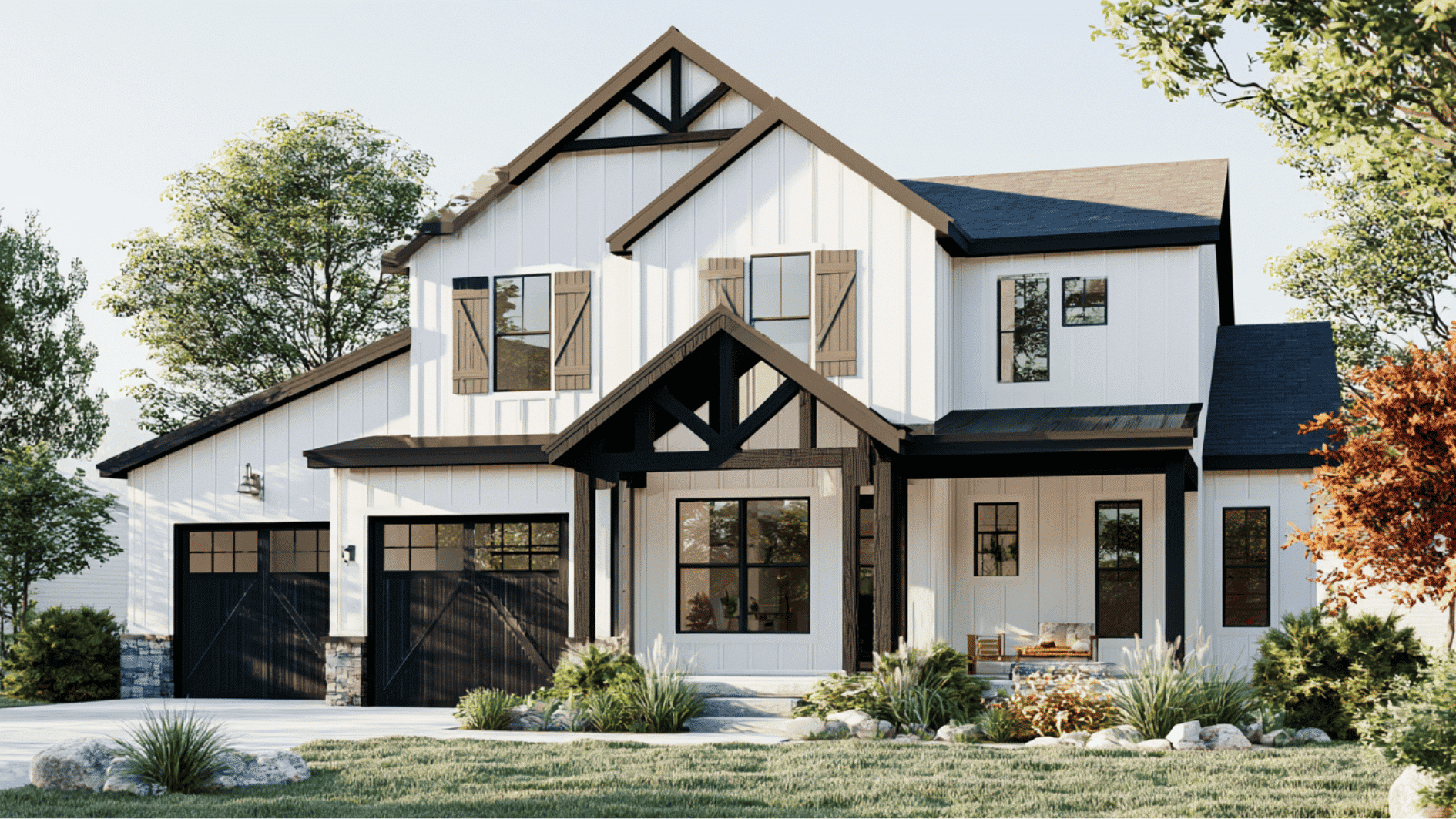farmhouse exterior with barn-inspired features, carriage doors, shutters, and rustic architectural details