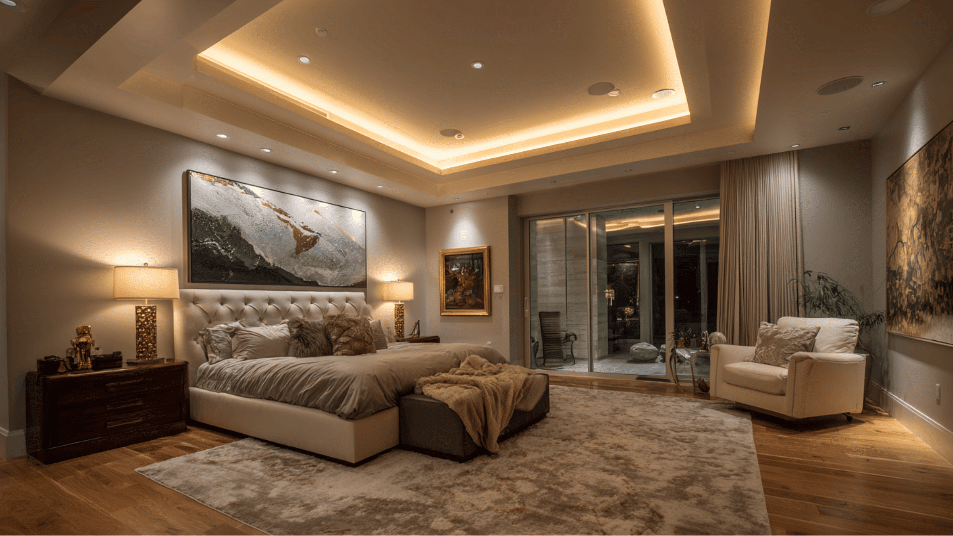 luxury bedroom with cove lighting and layered illumination for a relaxing ambiance