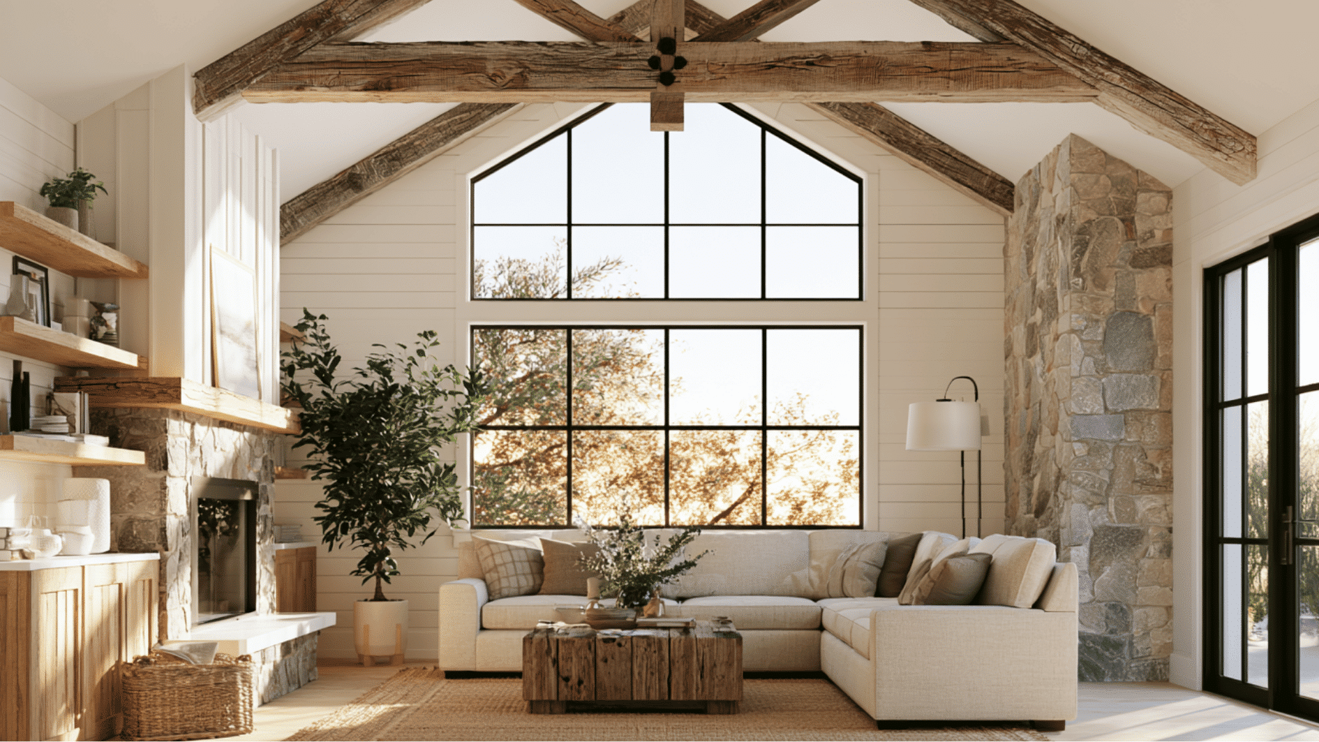 farmhouse living room with exposed wooden beams, neutral décor, and cozy rustic interior design