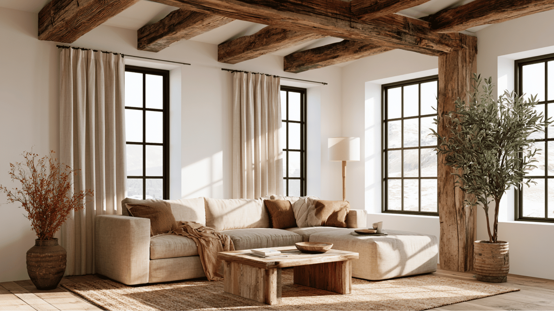 exposed wooden ceiling beams in a rustic farmhouse living room with neutral decor and natural light