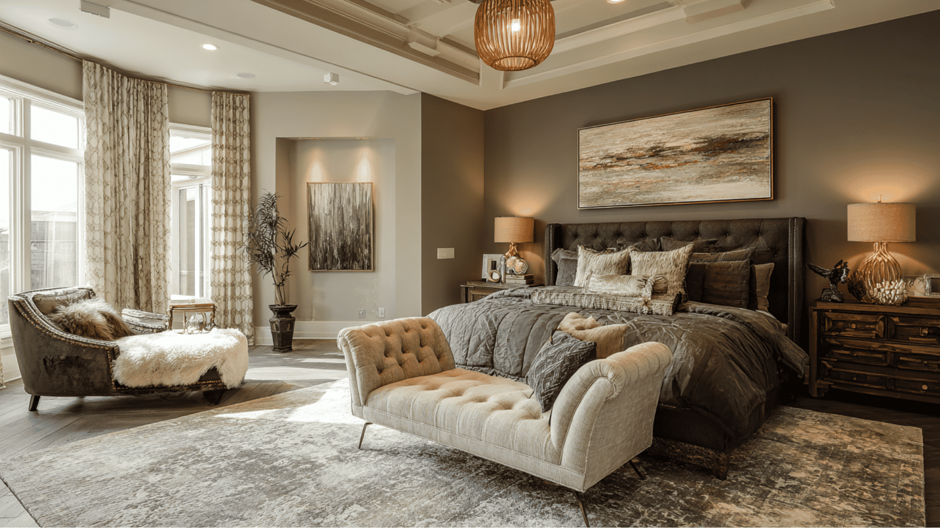luxury bedroom with chaise lounge and comfortable seating area for relaxation