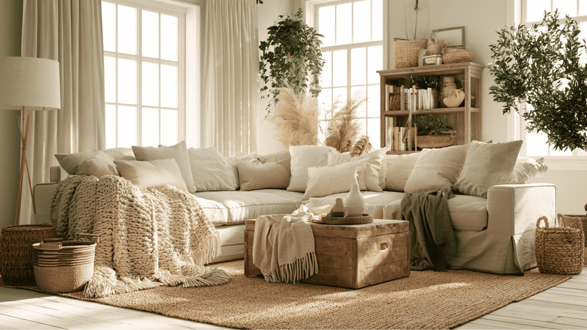 farmhouse living room featuring layered textures, knit throws, linen pillows, and woven baskets