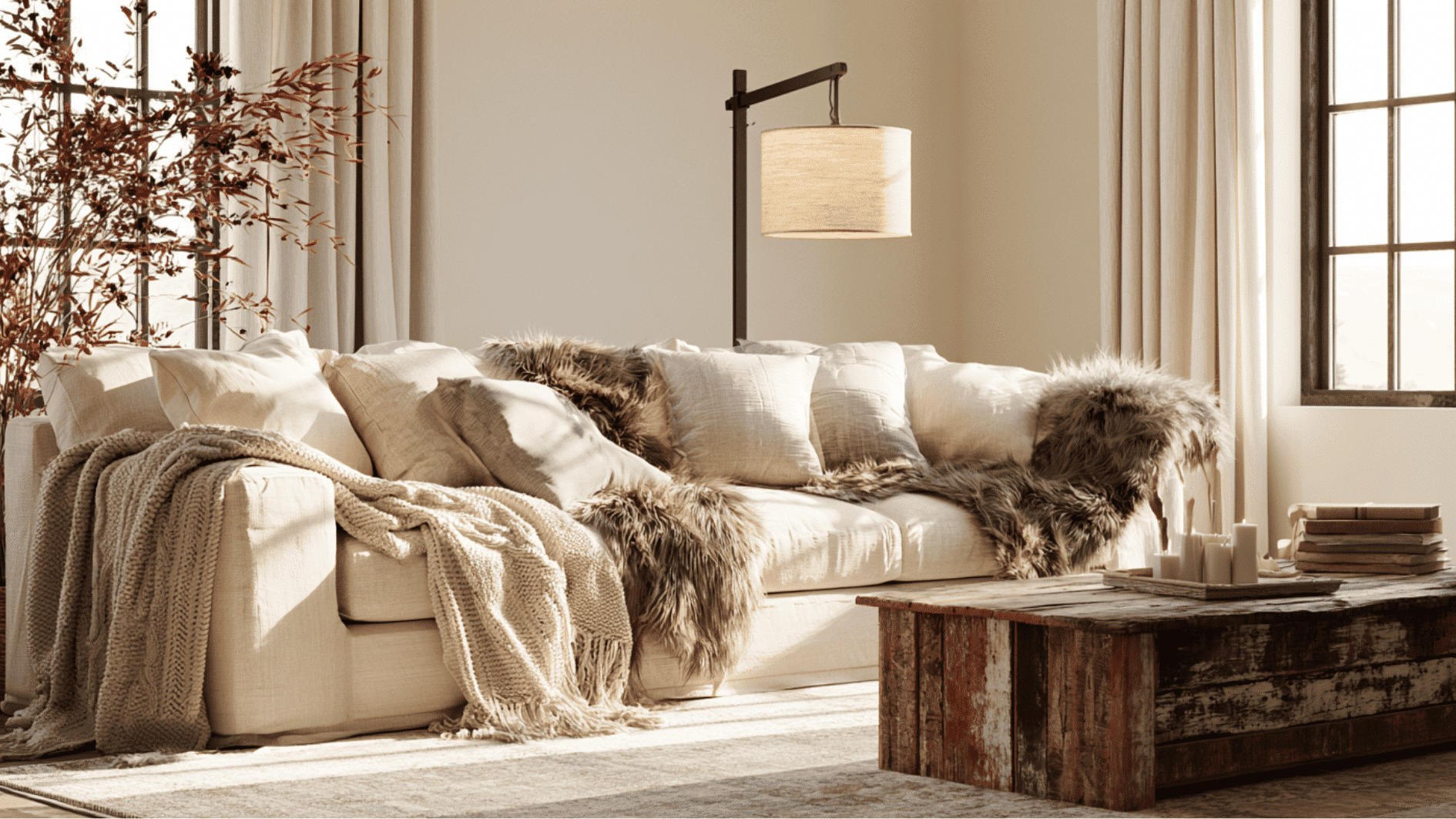 layered throw blankets and textured pillows creating a cozy rustic farmhouse living room atmosphere