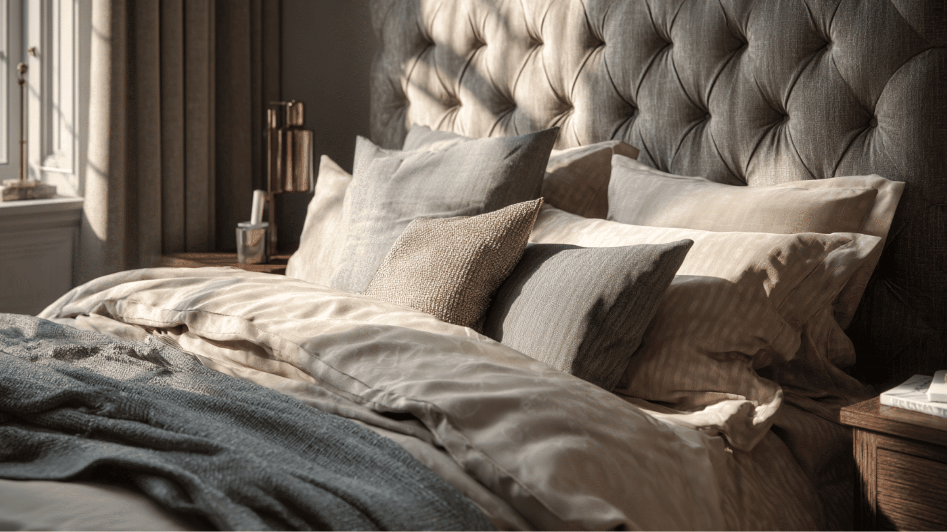 luxury hotel-inspired bed with layered bedding, plush pillows, and premium linens