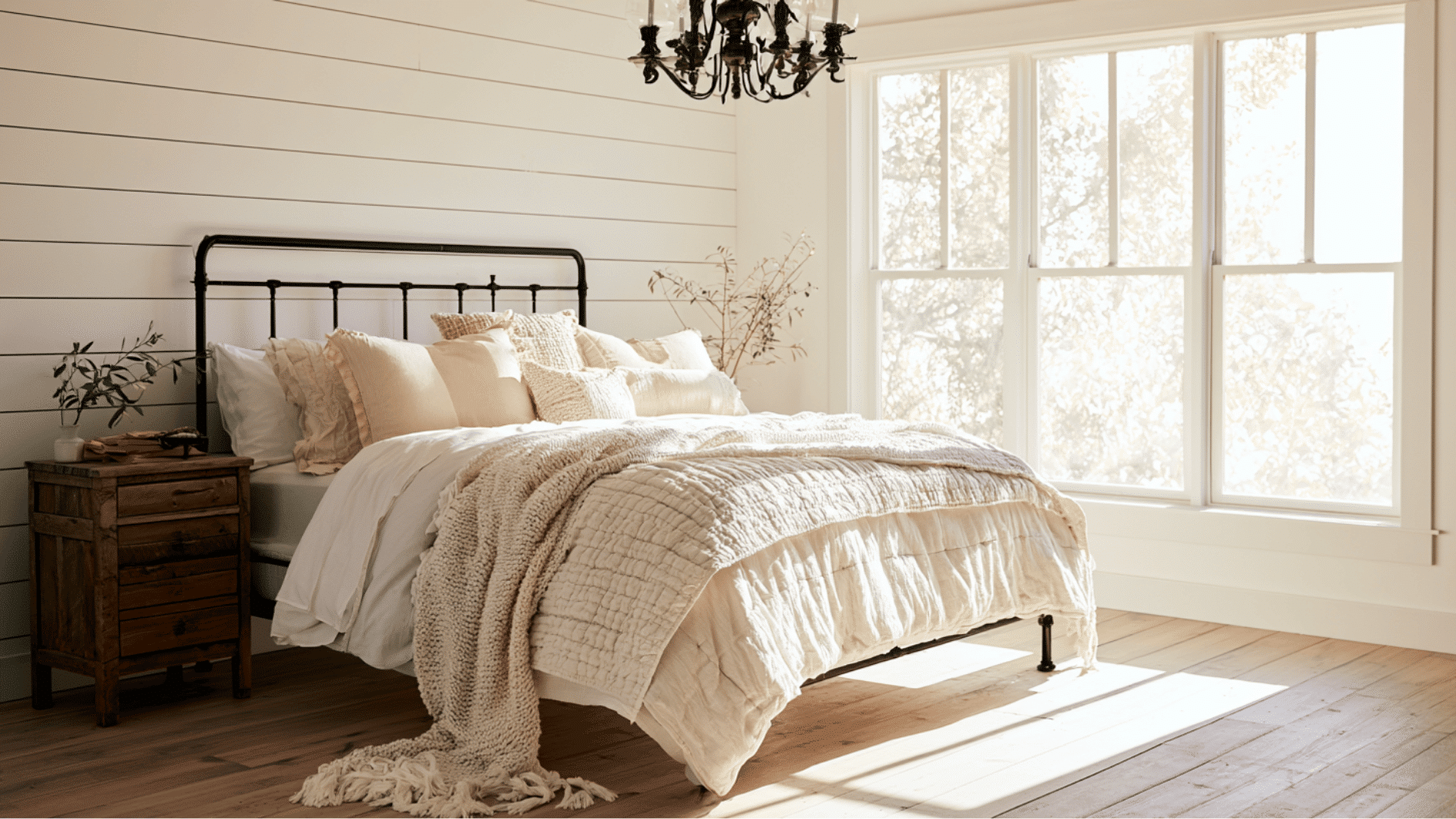farmhouse bedroom with layered neutral bedding, textured throws, and a calm relaxing atmosphere