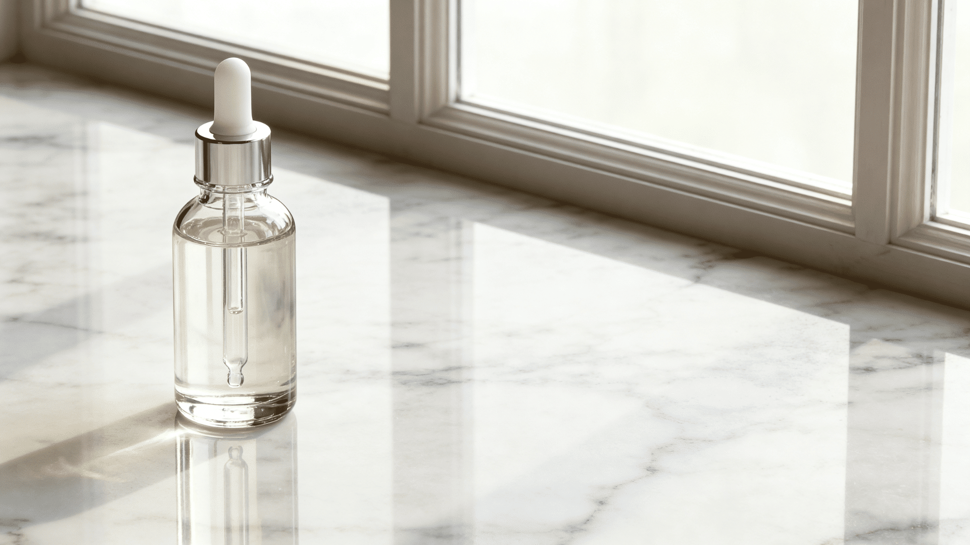 lightweight serum bottle with a glass dropper and serum drops on a marble surface in natural daylight.
