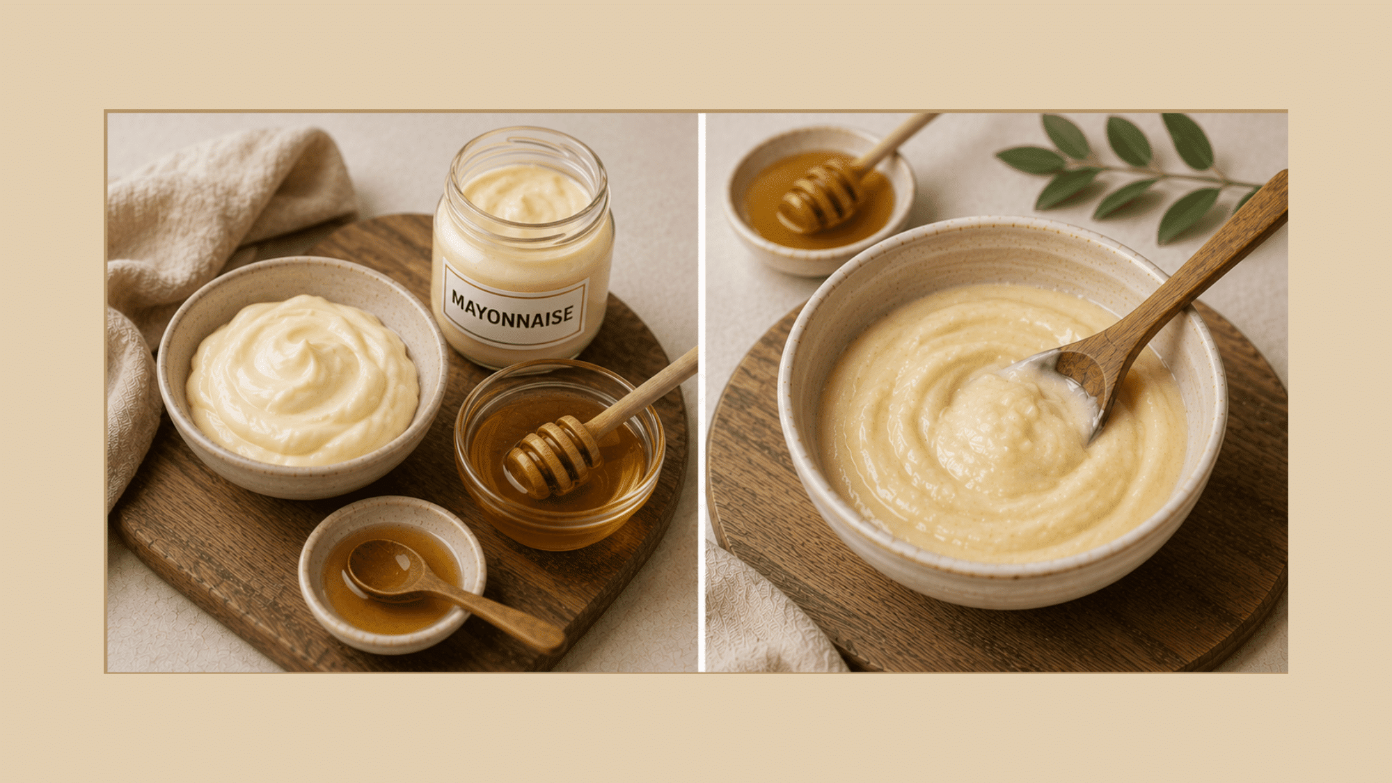 a collage of a homemade hairmask made of mayonnaise oil and honey