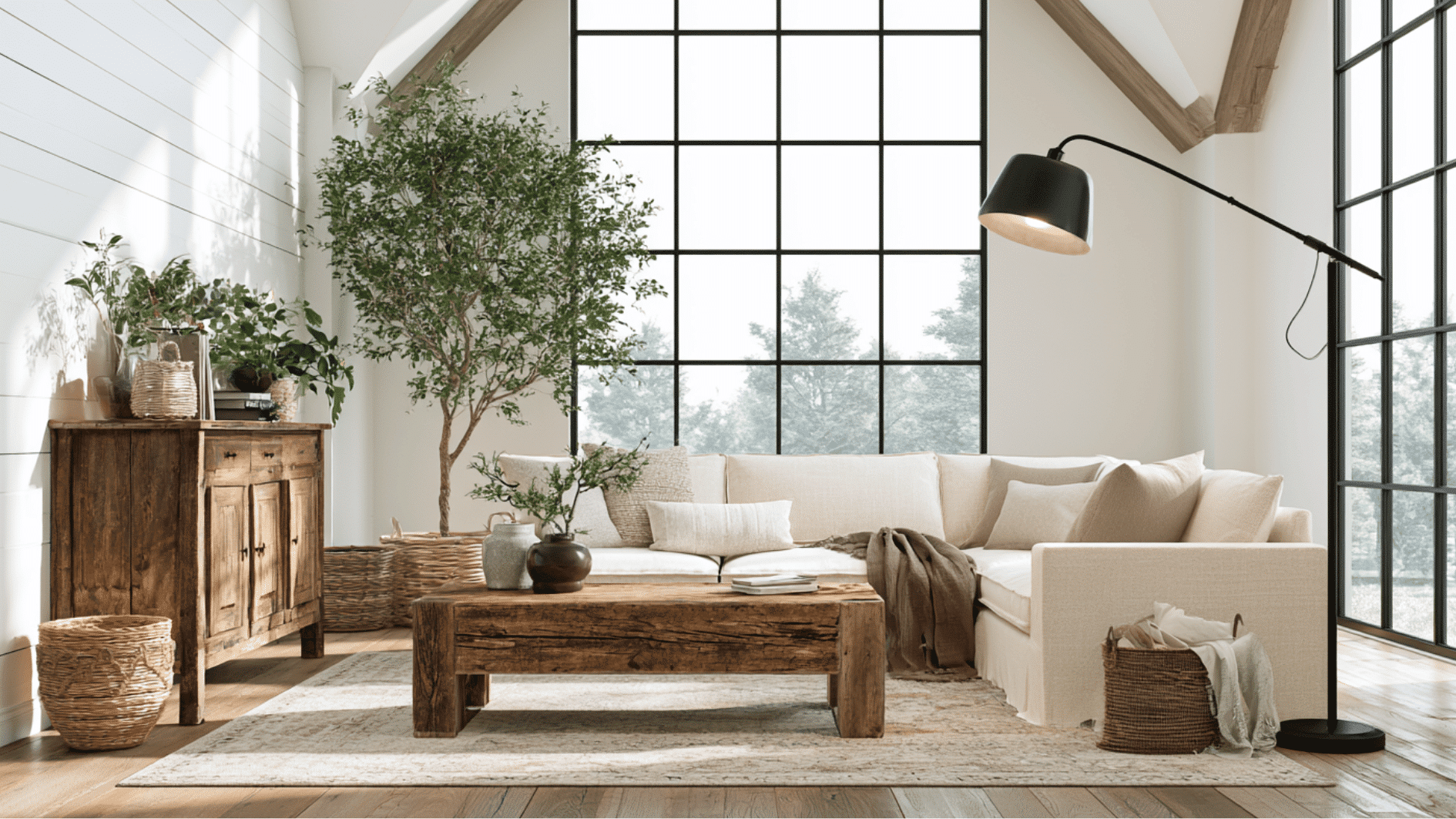 mixed vintage and modern furnishings creating a balanced rustic farmhouse living room with timeless style