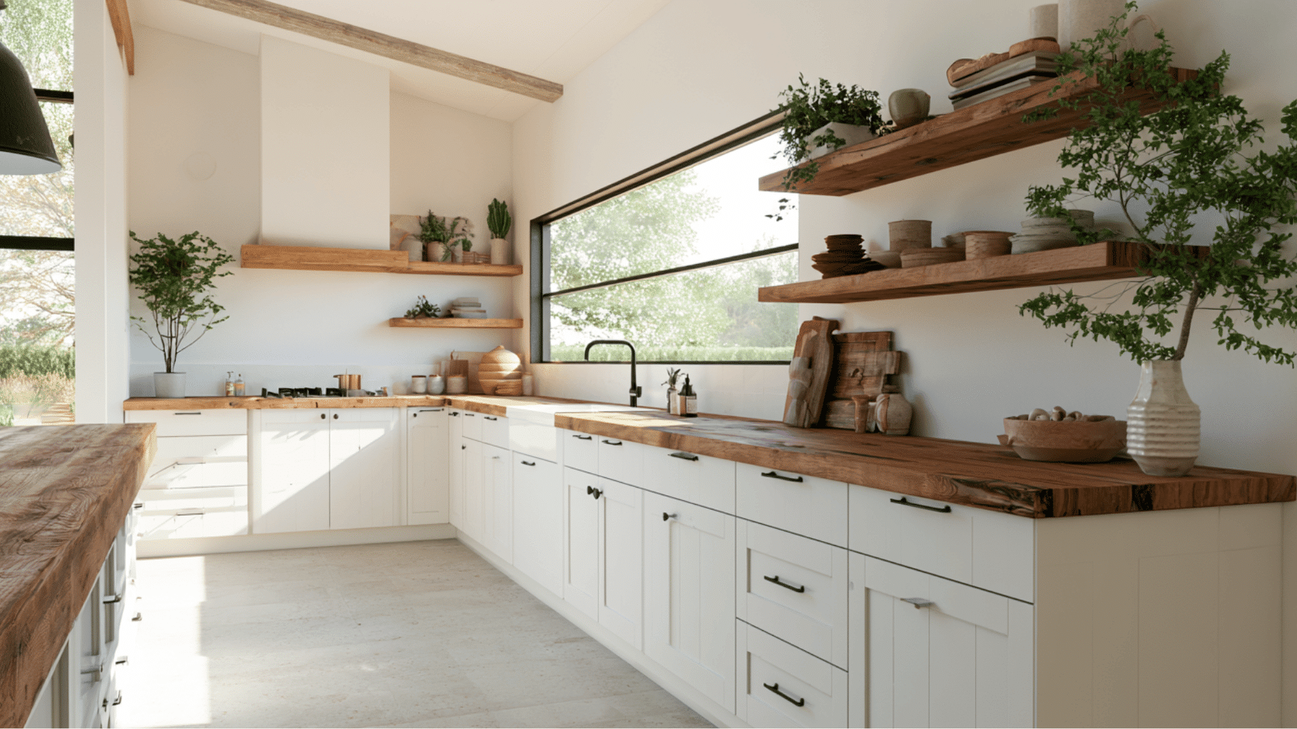 farmhouse kitchen combining white cabinets with natural wood accents for a balanced modern design