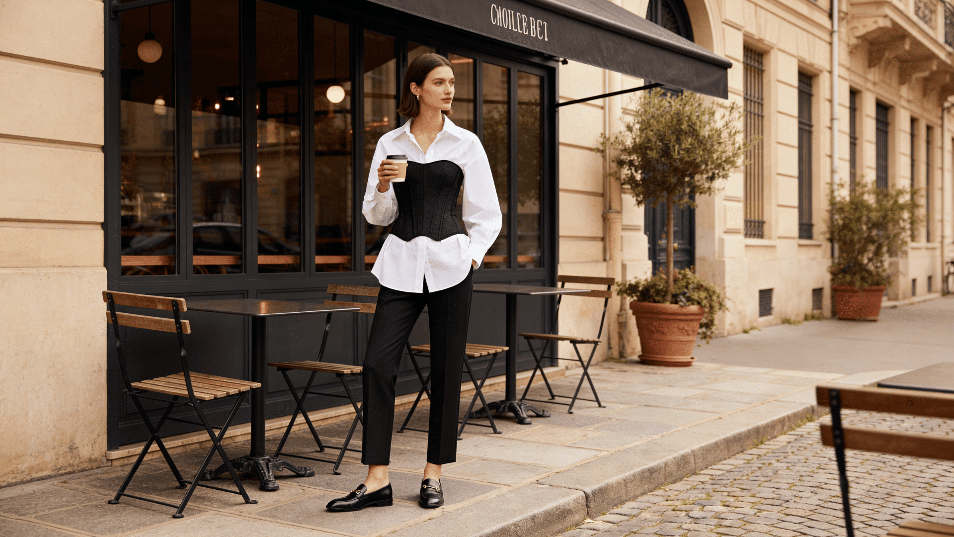 woman styling a black corset over an oversized white button-down shirt with tailored trousers outside a modern café