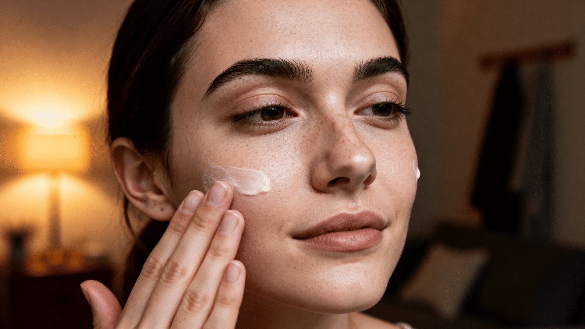 woman applying moisturizer to her face as part of a <echighlighted><echighlighted><echighlighted><echighlighted><echighlighted><echighlighted>nighttime skincare routine</echighlighted></echighlighted></echighlighted></echighlighted></echighlighted></echighlighted>.