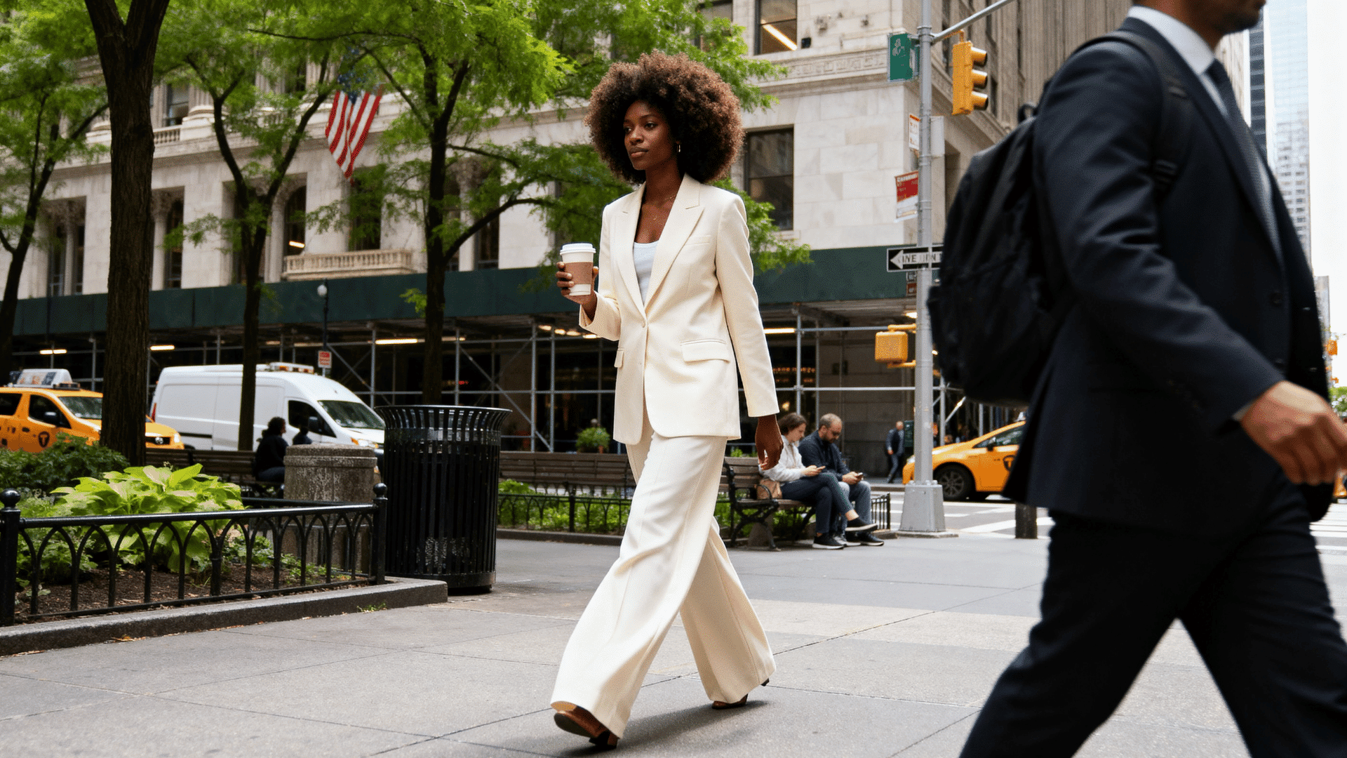 woman wearing a monochrome cream blazer and trouser set with an ivory top while walking through a modern business district.