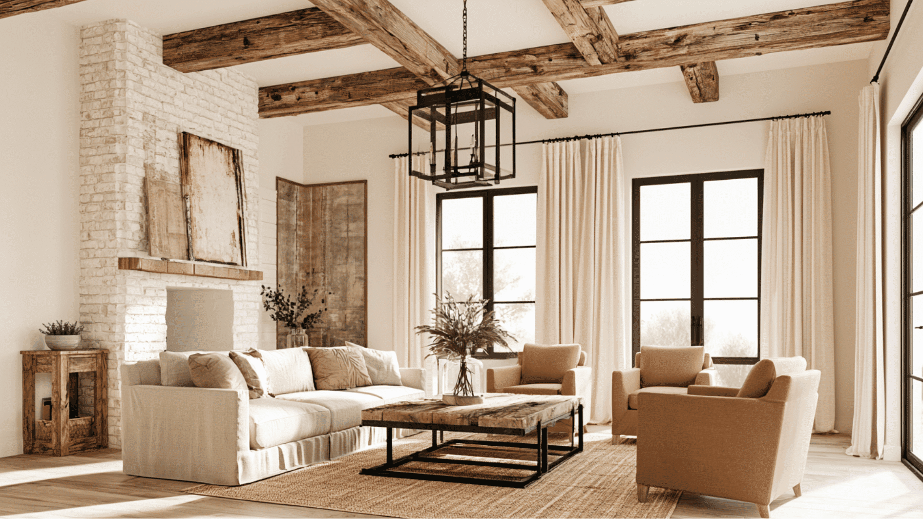 neutral farmhouse color scheme with warm whites beige tones and natural wood accents in a cozy living room