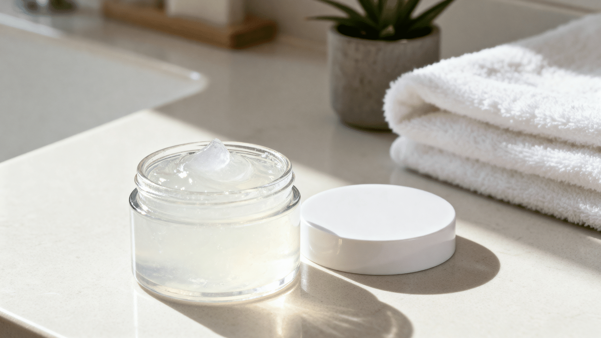 open jar of oil-free gel moisturizer with visible texture on a clean countertop beside a soft towel.