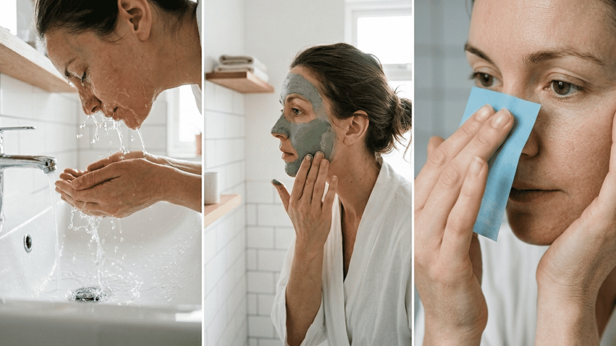 Home skincare routine face washing at sink clay mask application blotting oil and green tea in calm bathroom setting