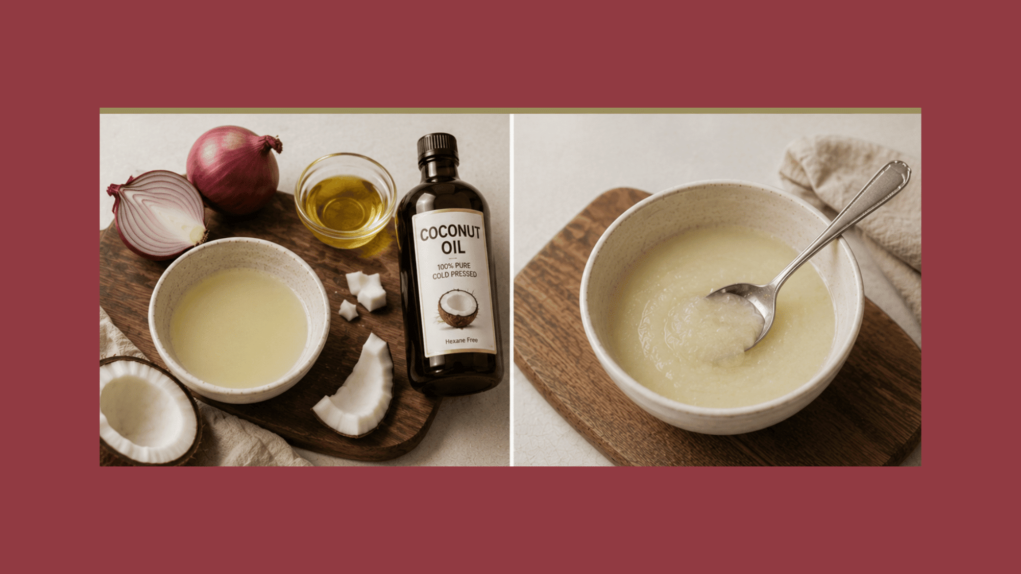 a collage of a homemade hairmask made of coconut oil and onion juice