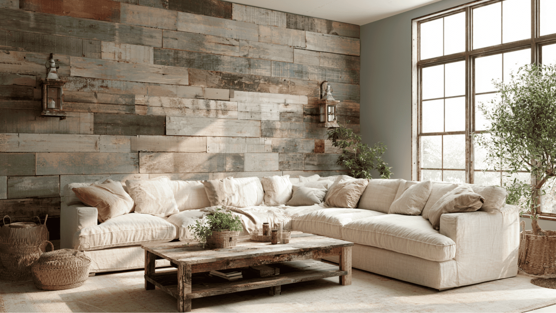 reclaimed wood accent wall creating a rustic farmhouse focal point in a cozy and inviting living room interior