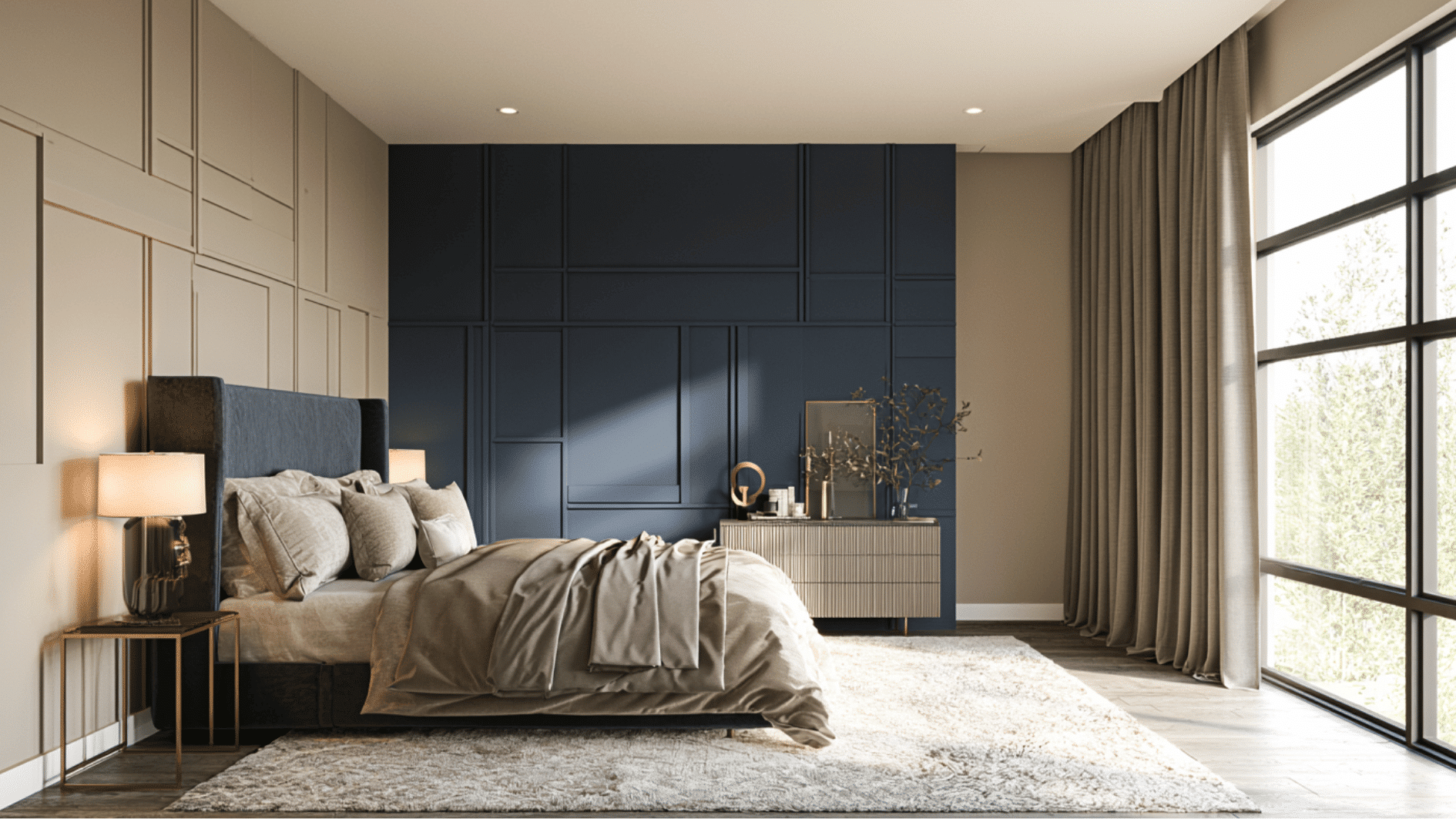 luxury bedroom with warm neutrals, deep navy, and charcoal gray creating an elegant modern atmosphere