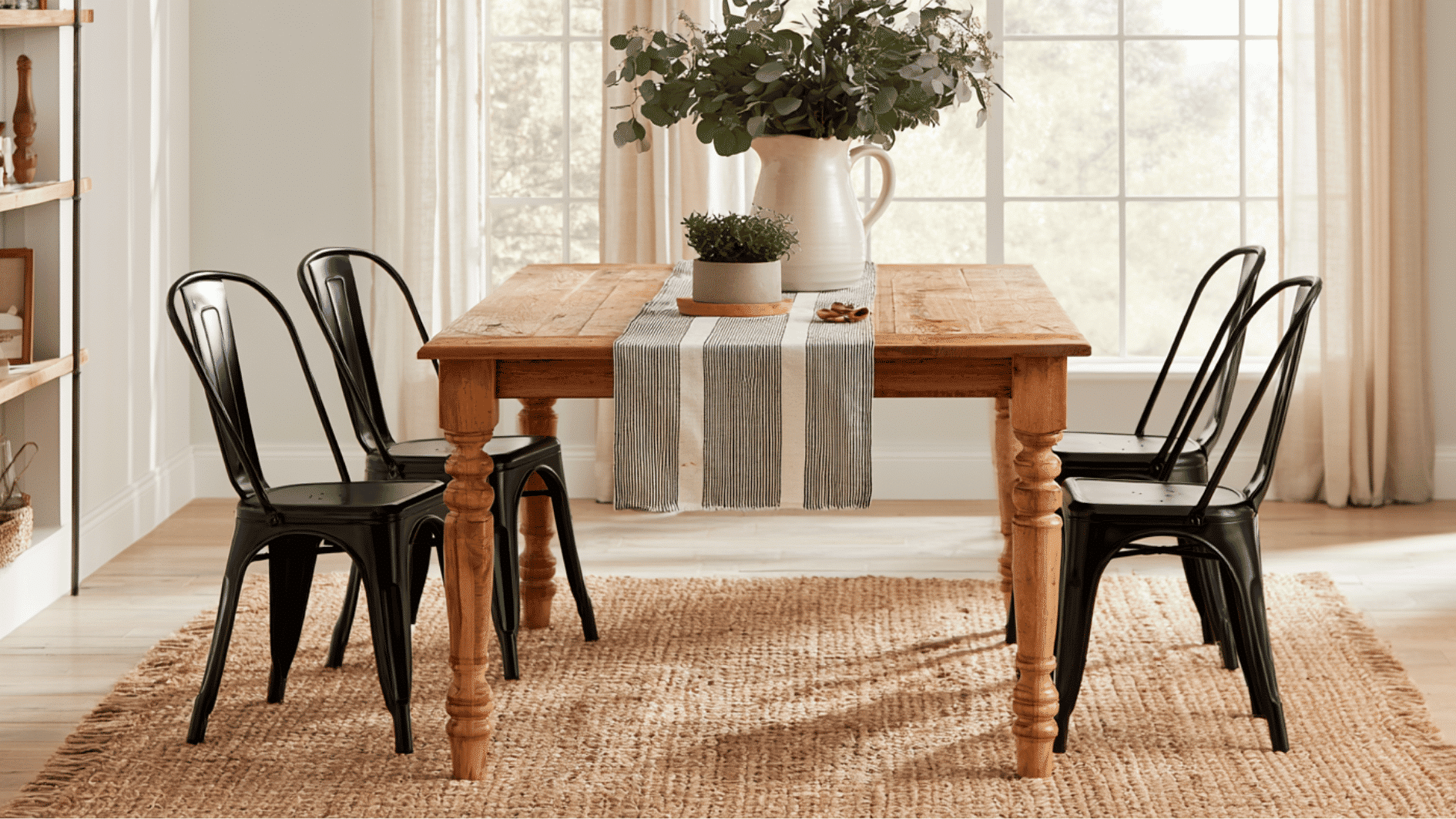 rustic farmhouse dining table with black metal chairs and simple greenery centerpiece in a bright dining room