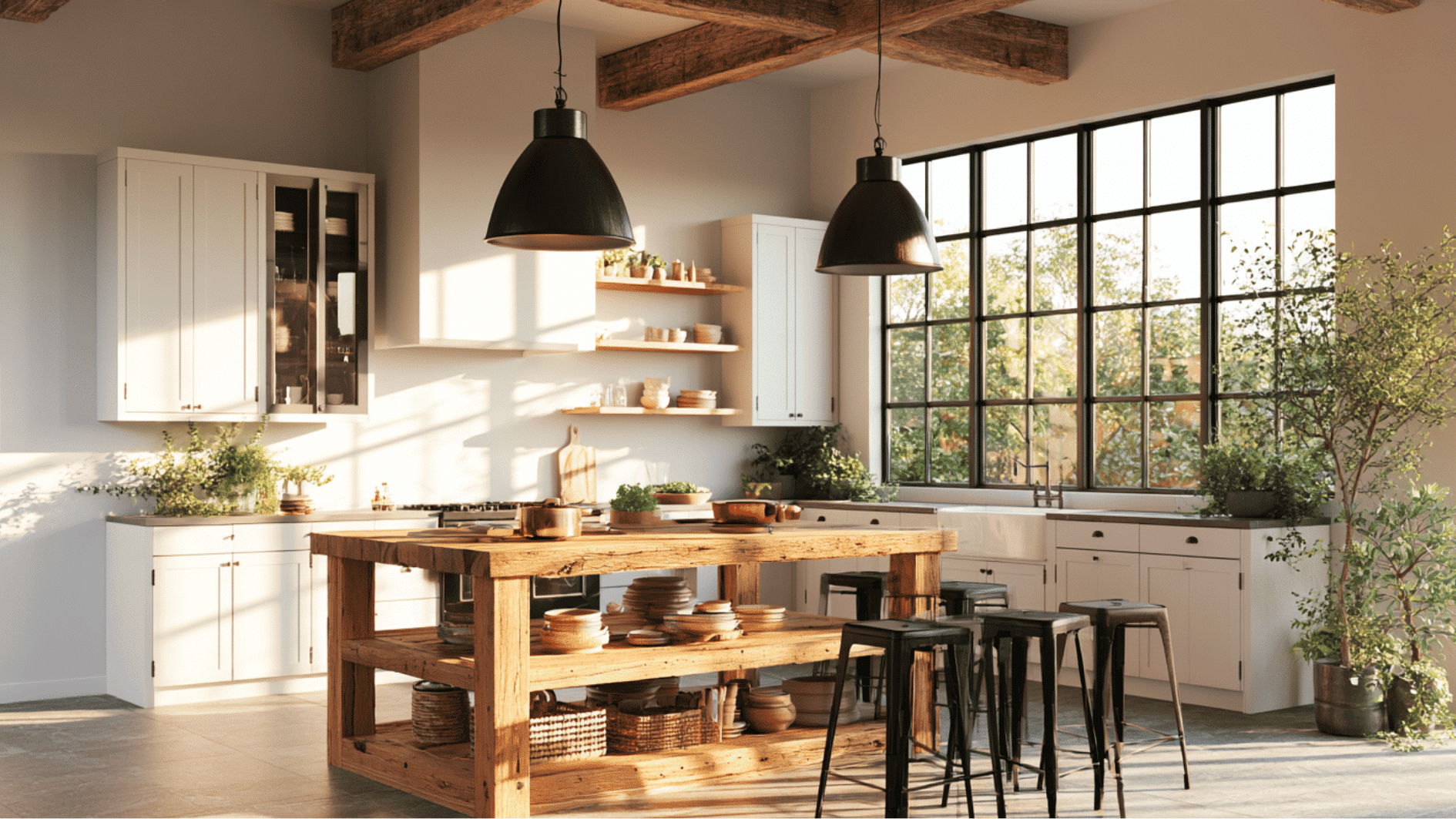 modern rustic farmhouse kitchen with reclaimed wood island, white cabinets, natural light and warm textures.