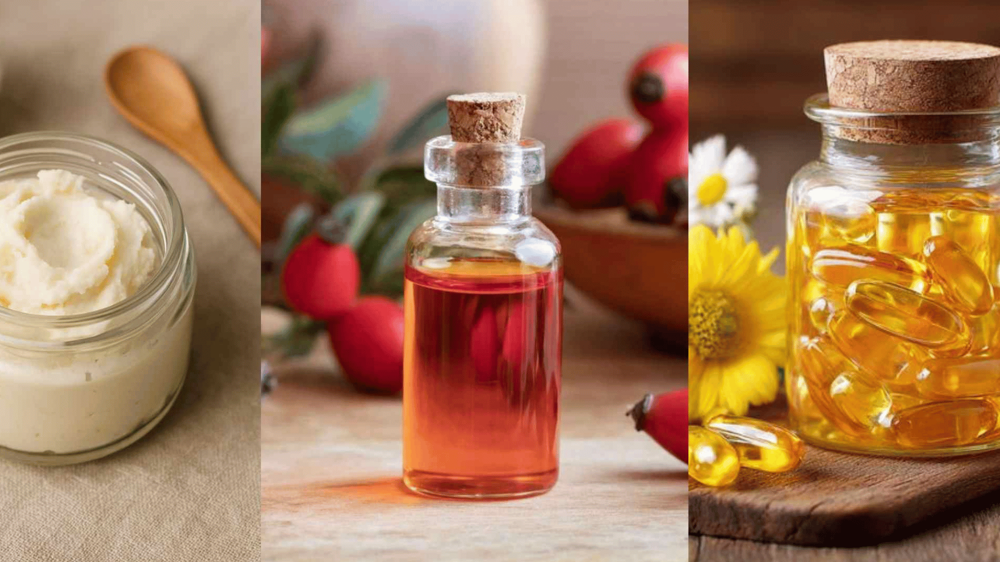 Shea butter, rosehip oil, and vitamin E capsules for overnight skin repair mask