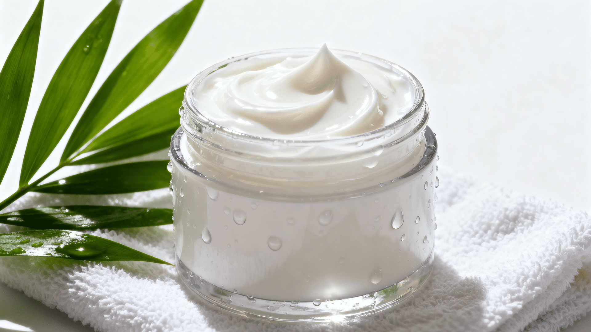 Moisturizer cream jar with water droplets and green leaves, symbolizing hydrated and healthy-looking skin.