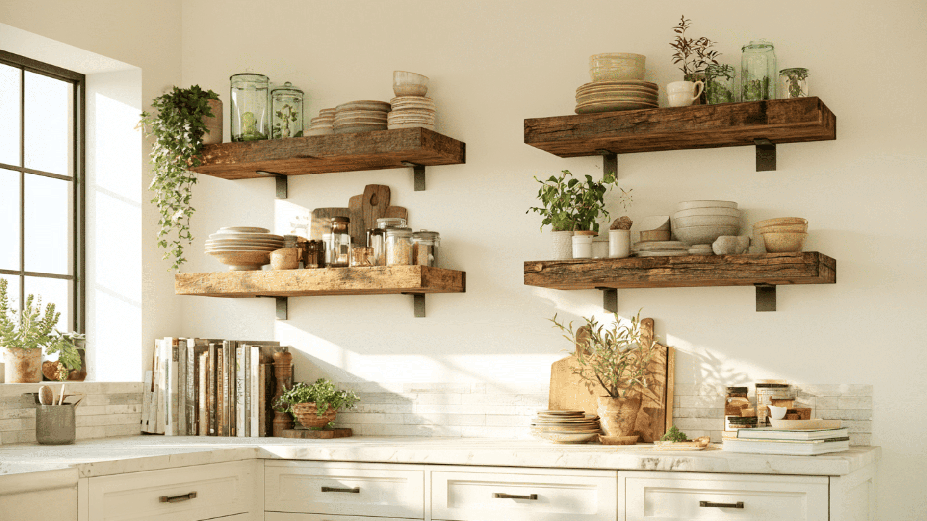 open wooden shelving styled with dishes and decor in a rustic farmhouse kitchen space