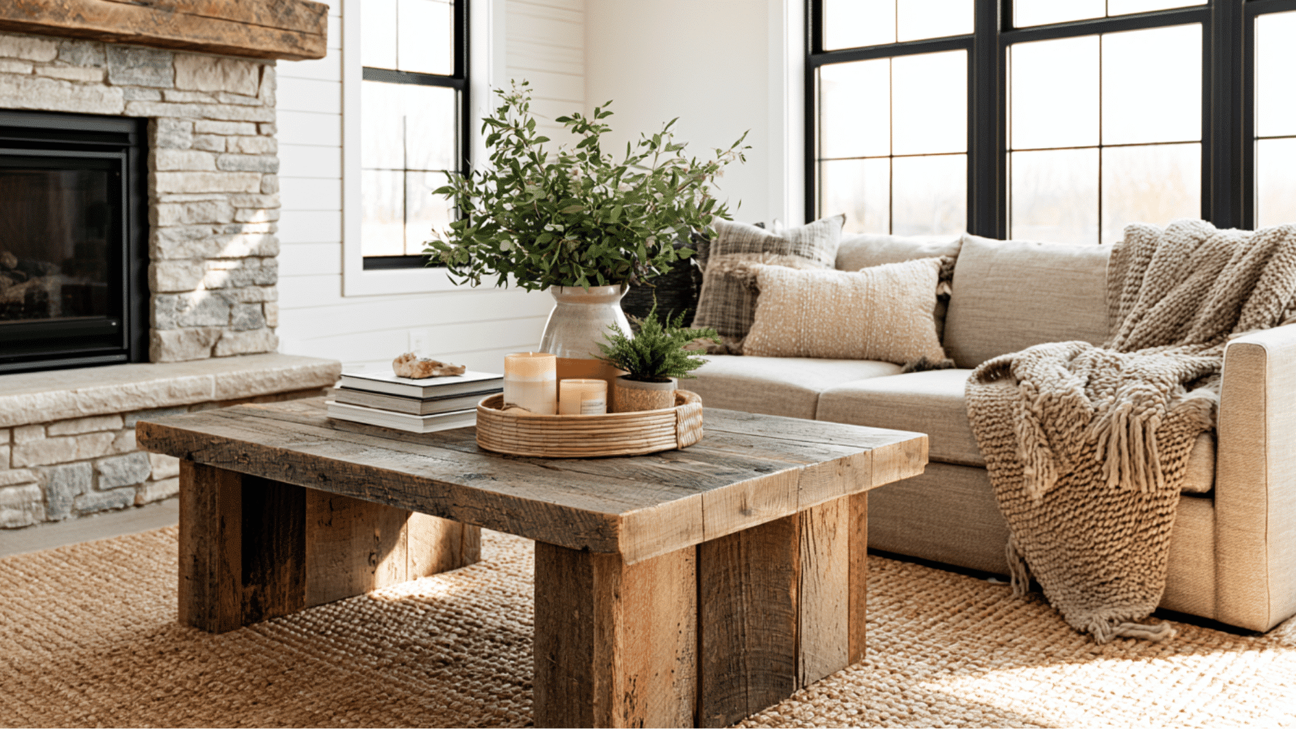farmhouse living room with shiplap walls, rustic coffee table, and cozy neutral farmhouse décor